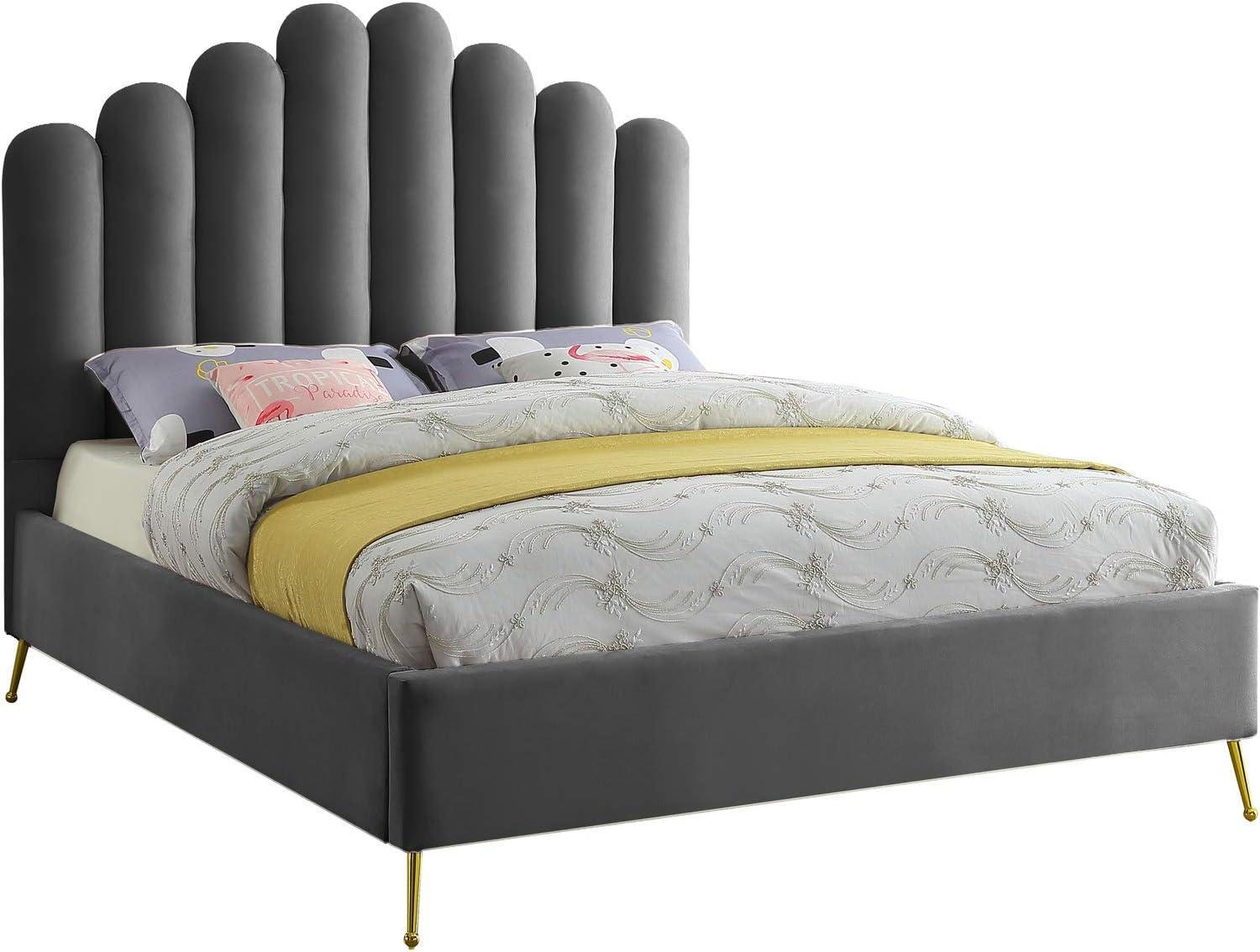 Elegant Grey Velvet Queen Bed with Gold Metal Frame and Tufted Headboard