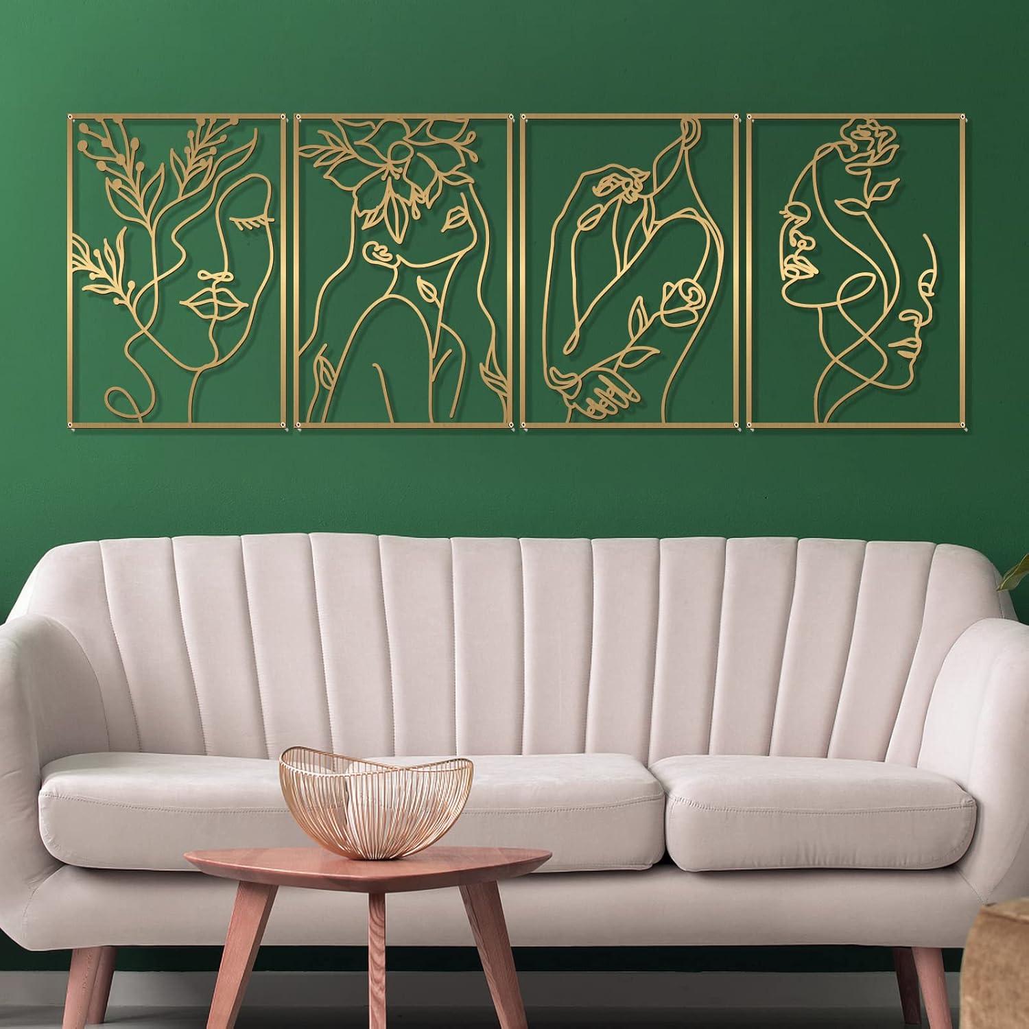Glamativity 4 Pack Gold Wall Art Decor, Female Flower Face Lover Minimalist Décor Single Line Art Wall Décor, Real Metal Wall Art, Woman's Body Shape Abstract Wall Art, for Kitchen Bedroom Living Room (Gold Floral Lady Style, M Size 17 x 11.8'')