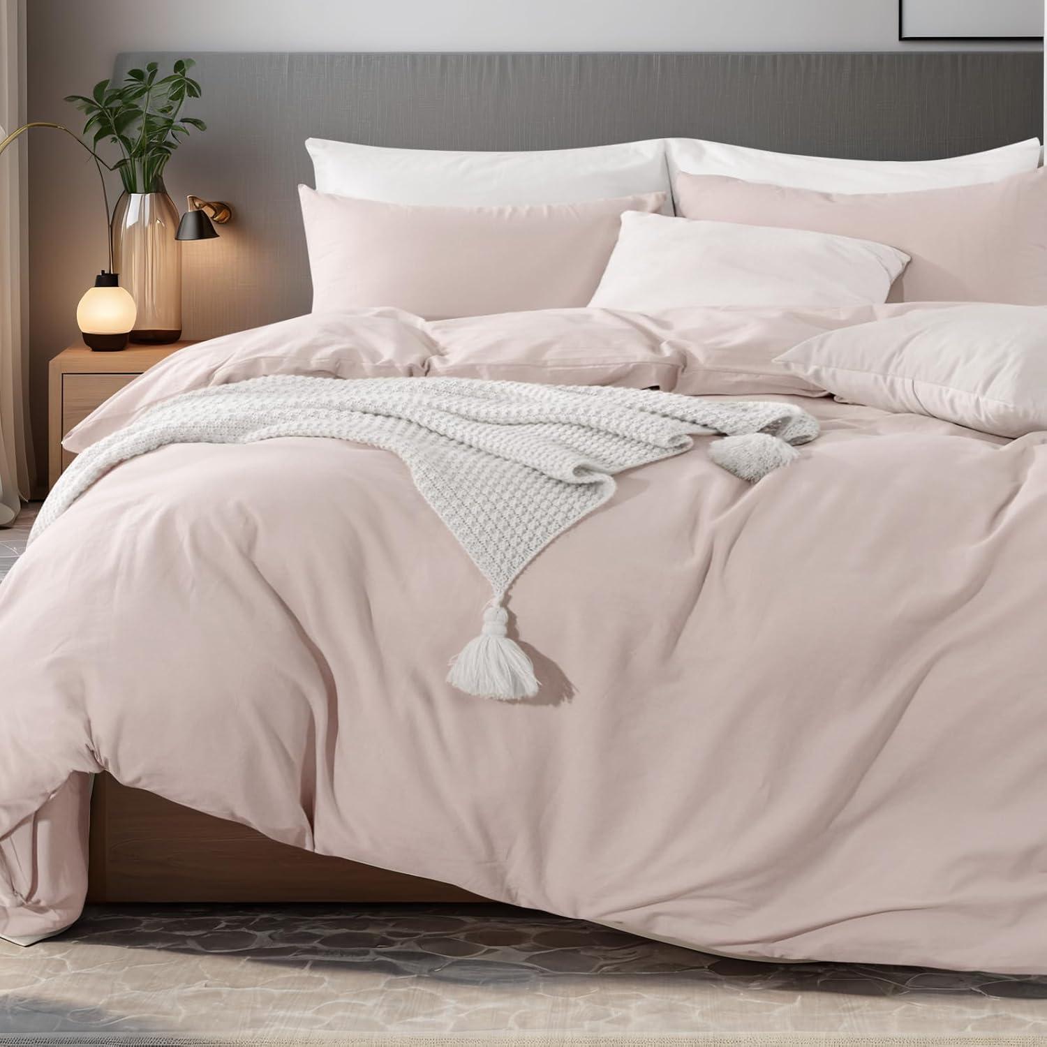 NEXHOME PRO Duvet Cover Set 100% Washed Cotton Oversized Queen 98"x98", Organic Natural Linen Look Textured 3 Pieces Bedding Set Apricot Yellow with Zipper Closure, Breathable, Soft (No Comforter)