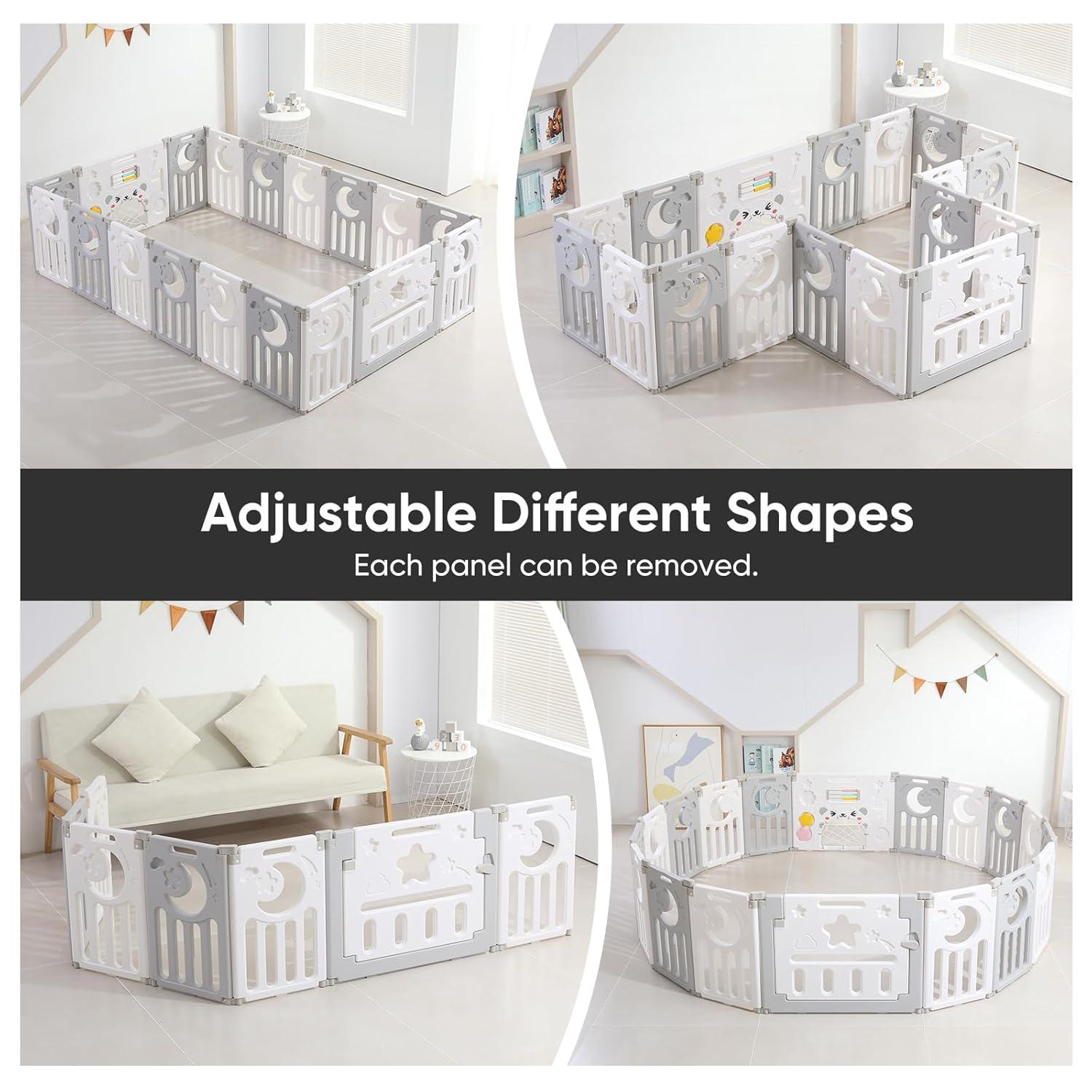 Baby Playpen, Dripex Foldable Playpen for Babies and Toddlers, Custom Shape Baby Fence, Safety Play Yard with Gate, Portable Play Area for Indoor or Outdoor, Grey White, 18 Panel