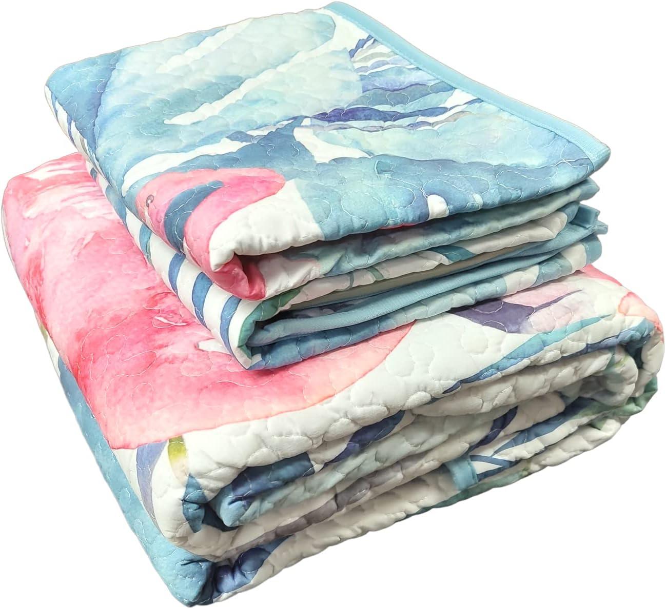 De Leon Collections Coastal Living Pink Flamingo & Aqua Palms Tropical Beach Vibes Decorative Quilt Bedding Set