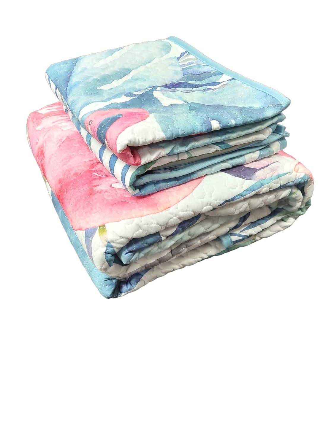 De Leon Collections Coastal Living Pink Flamingo & Aqua Palms Tropical Beach Vibes Decorative Quilt Bedding Set