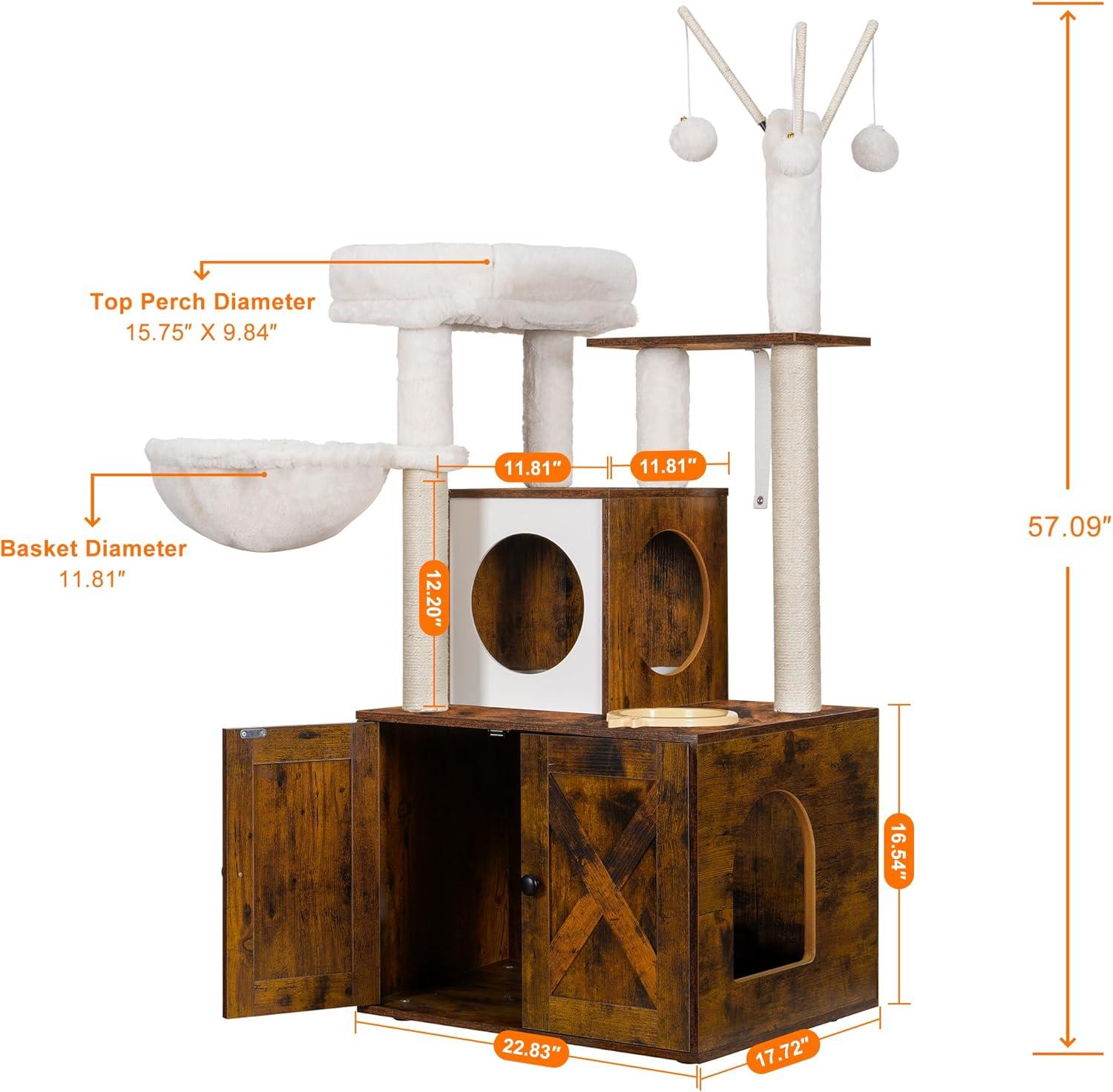 Wood Litter Box Enclosure with Food Station, All-in-one Indoor Cat Furniture with Large Platform and Condo