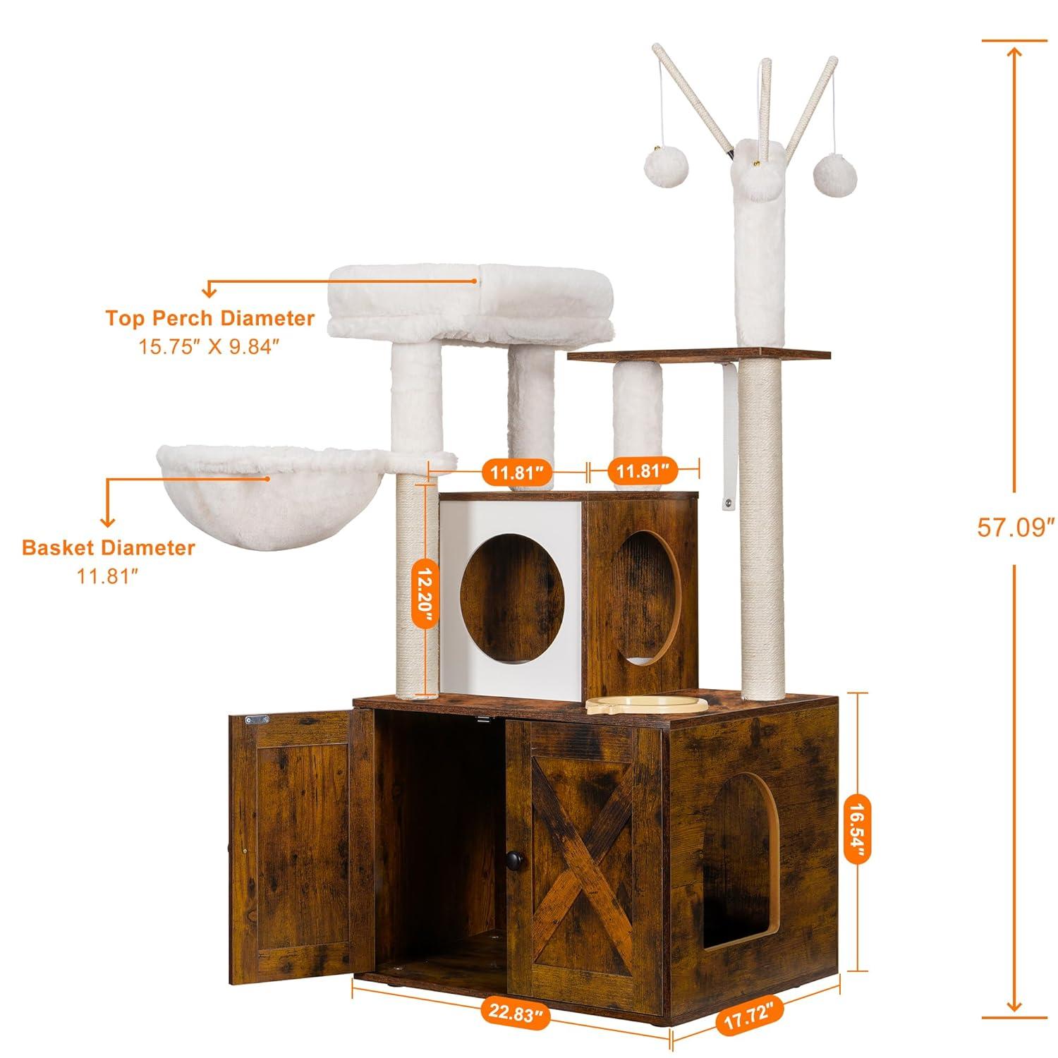 Wood Litter Box Enclosure with Food Station, All-in-one Indoor Cat Furniture with Large Platform and Condo