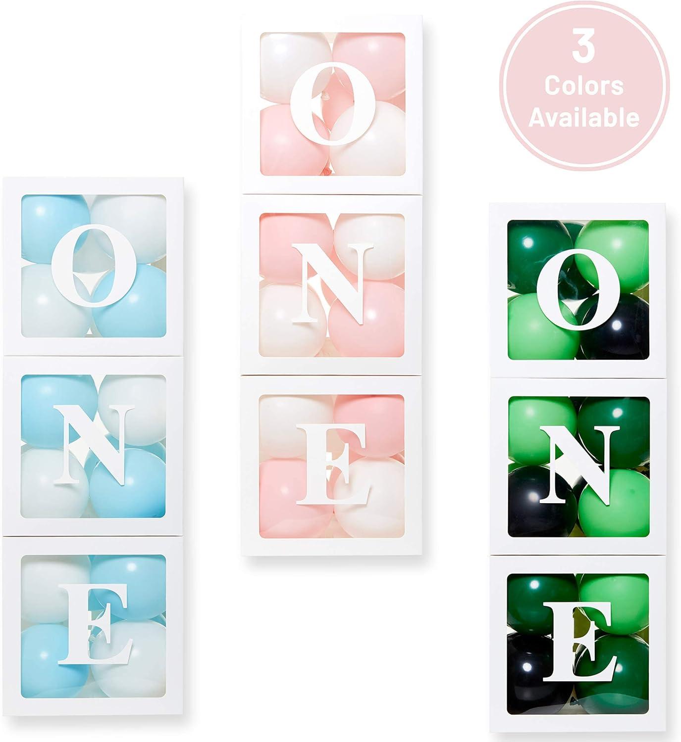 First Birthday Balloon 'ONE' Boxes for Baby Girl WITH 24 Balloons - Baby 1st Birthday Girl Decoration Clear Cube Blocks 'ONE' Letters as Cake Smash Photoshoot Props First Birthday Decorations Bac