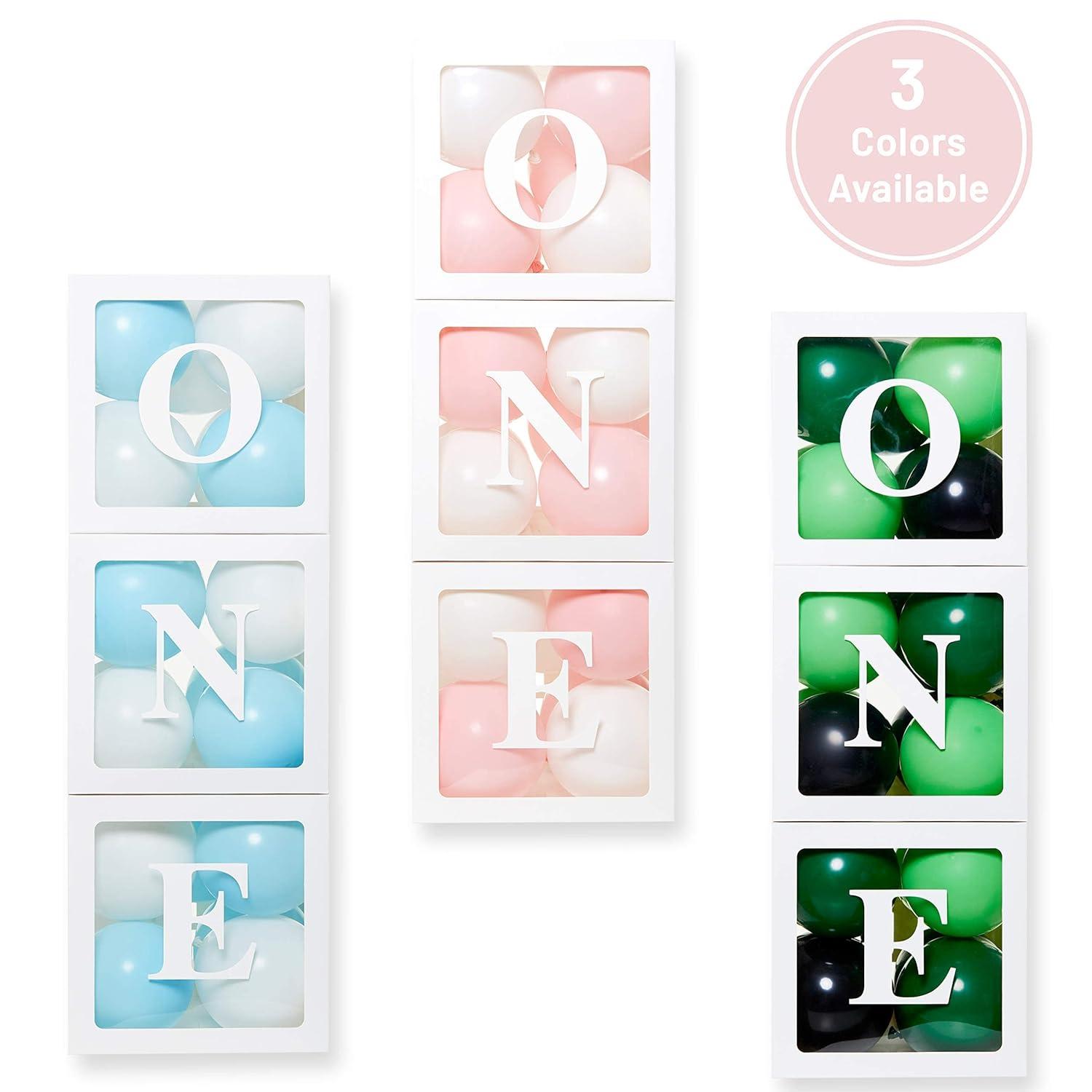 First Birthday Balloon 'ONE' Boxes for Baby Girl WITH 24 Balloons - Baby 1st Birthday Girl Decoration Clear Cube Blocks 'ONE' Letters as Cake Smash Photoshoot Props First Birthday Decorations Bac