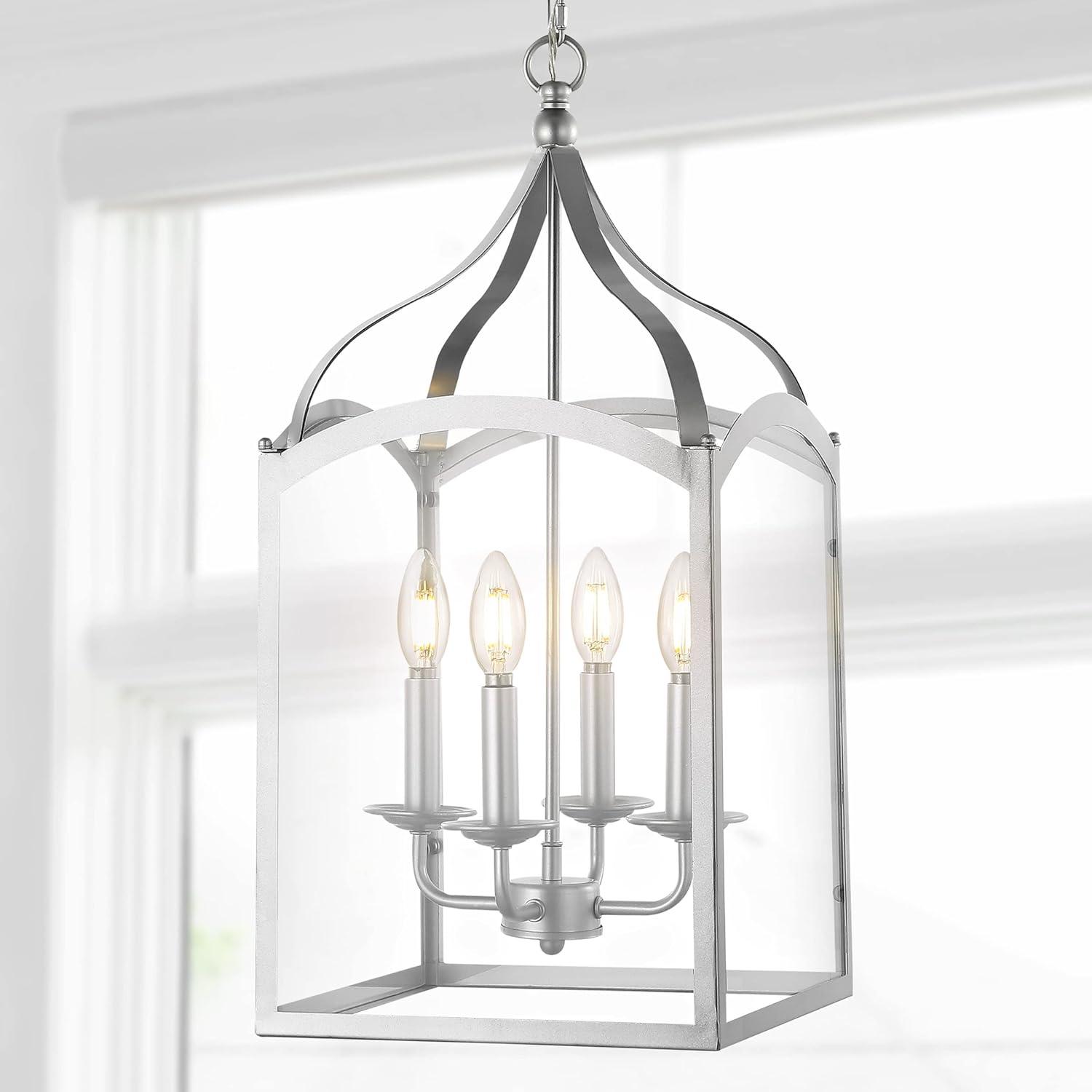 11" LED 4-light Ruth Classic Lantern Metal/Glass Pendant Silver - JONATHAN Y: ETL Listed, Adjustable Height