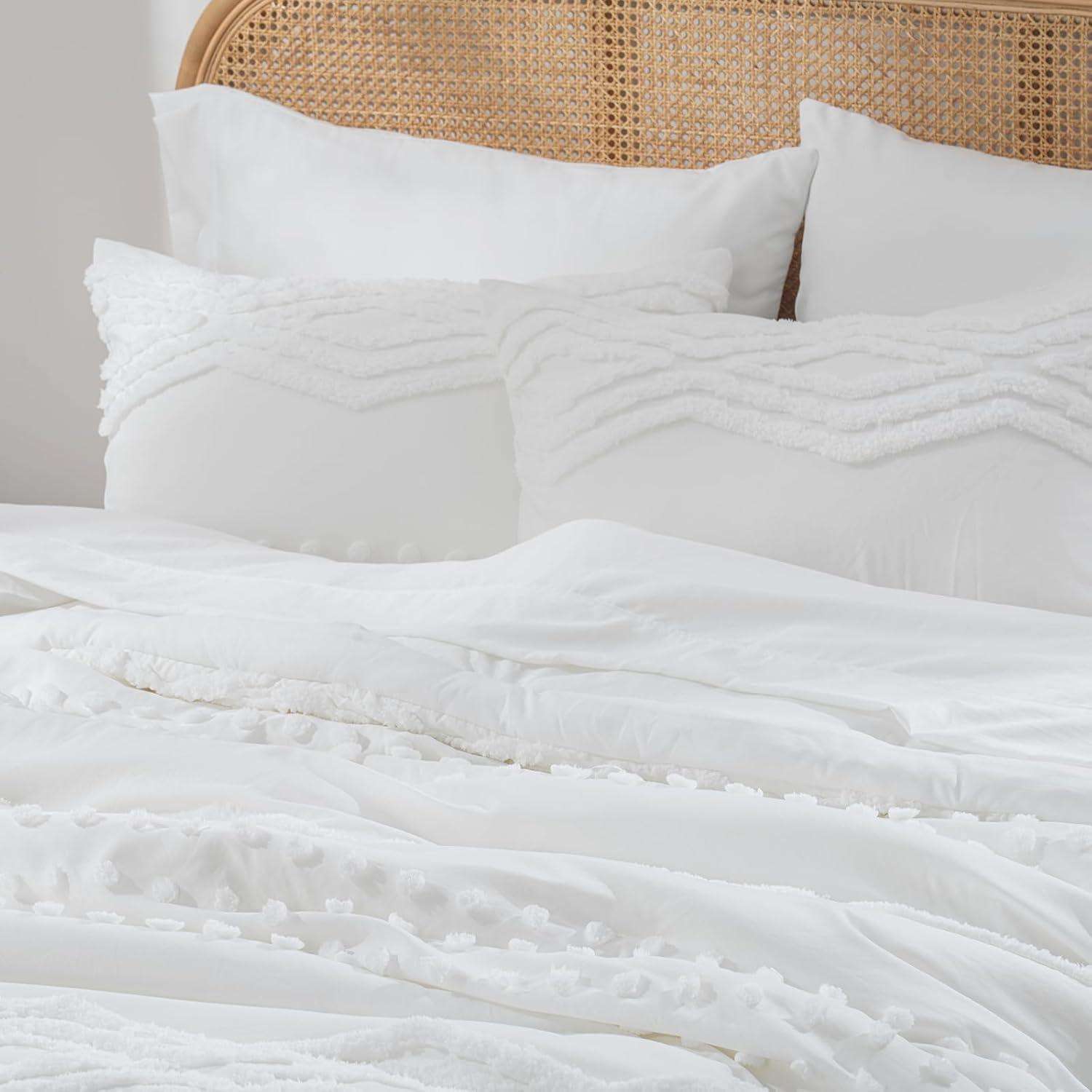 EVERGRACE King Size Comforter Set 7 Pieces Bed in a Bag for College Dorm, White Tufted Shabby Chic Boho Comforter and Sheet Set with Pom Pom Textured, Soft Fluffy Farmhouse Complete Bedding Set