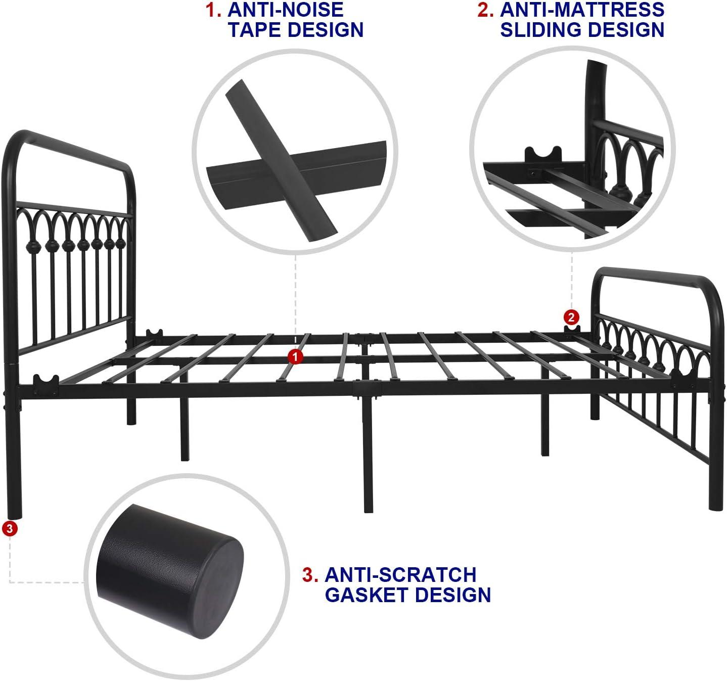 TUSEER Metal Bed Frame Full Size with Vintage Headboard and Footboard Platform Base Wrought Iron (Black)
