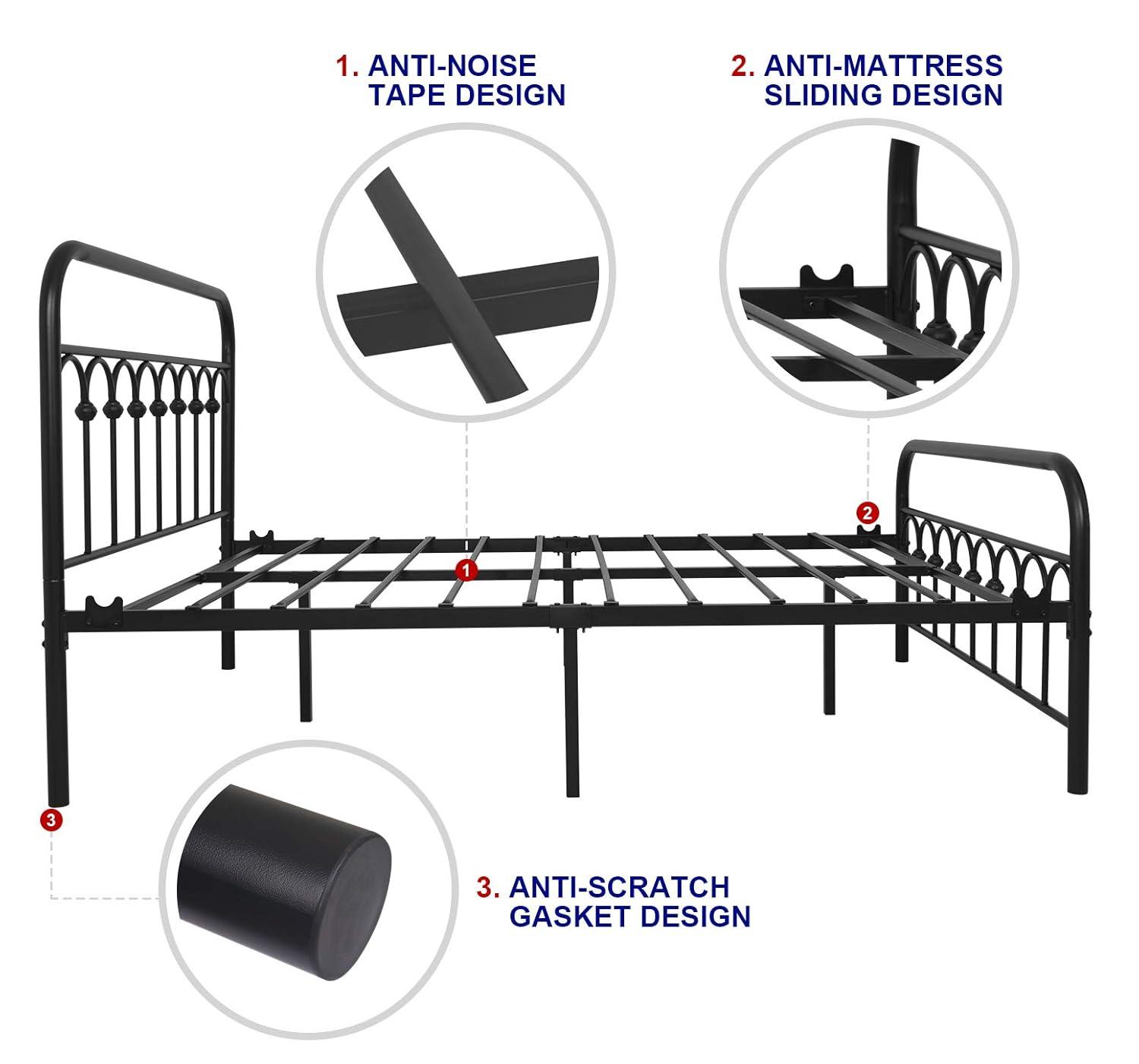 TUSEER Metal Bed Frame Full Size with Vintage Headboard and Footboard Platform Base Wrought Iron (Black)