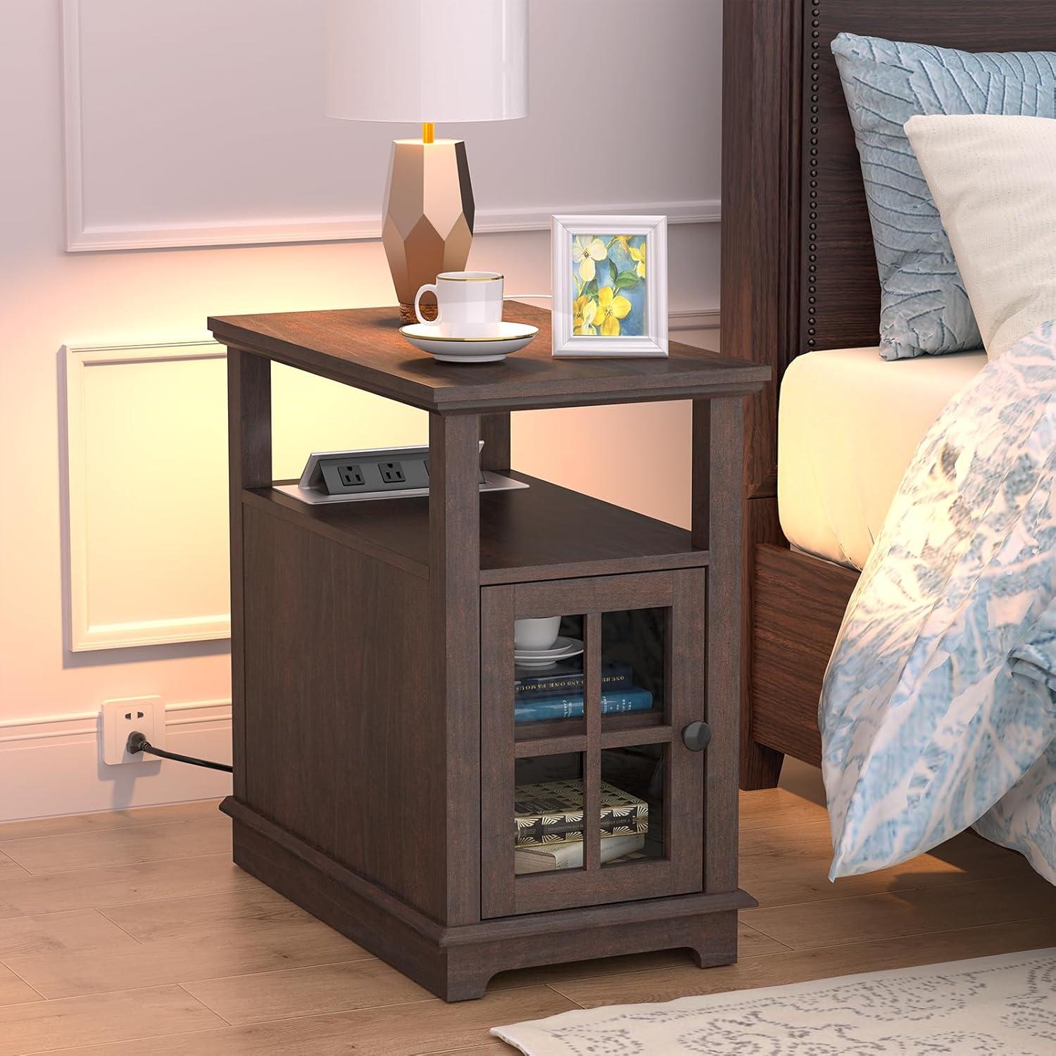 Espresso Wood End Table with Charging Station and Storage