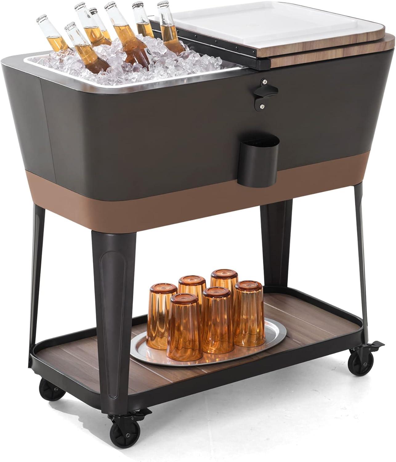 Sunjoy Durant 80-Quart Wood Grain Finish Metal Rolling Ice Chest Cooler Cart with Storage Shelf, Steel Bottle Opener, and Lockable Wheels