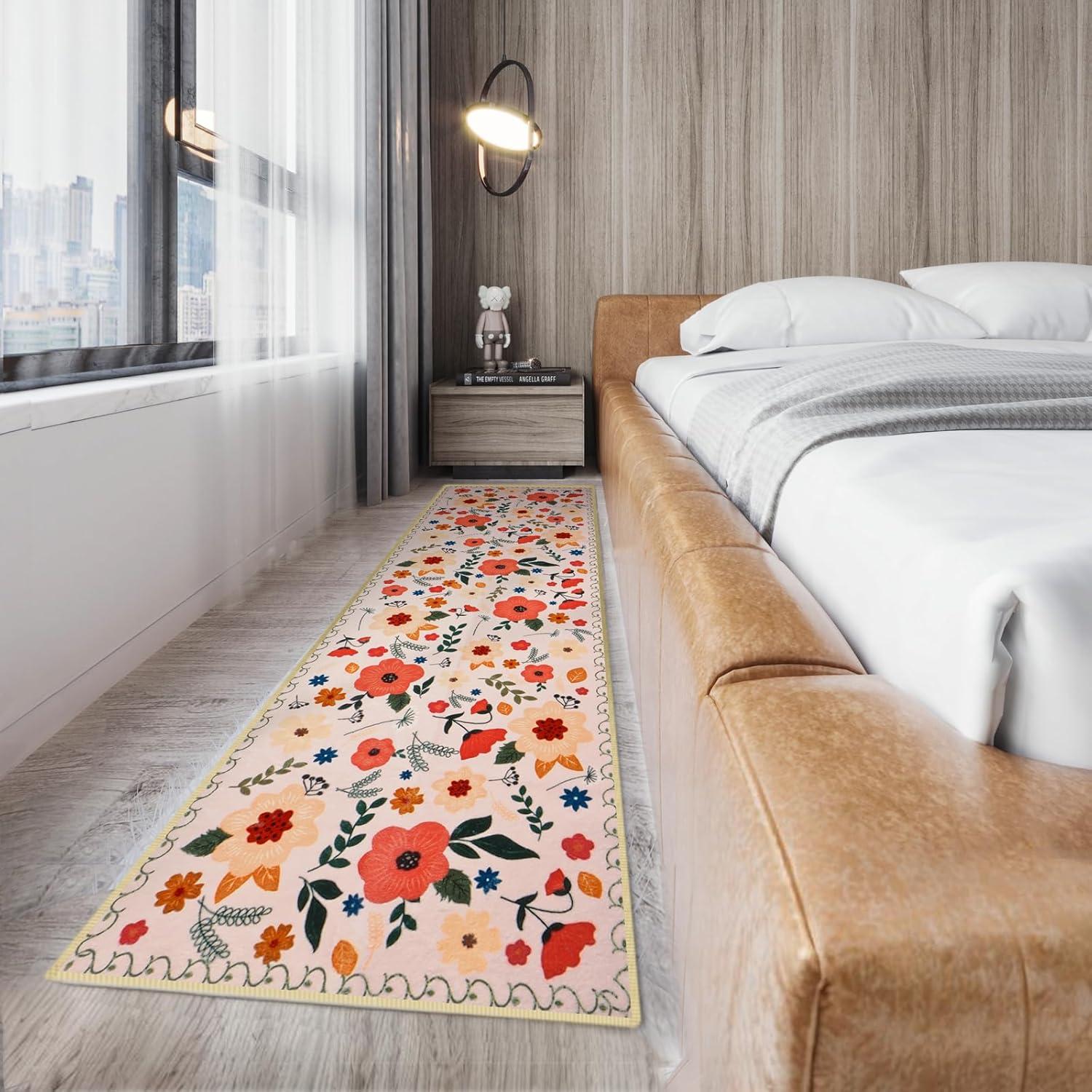 Elegant Floral Rug Hallway Runner Rug- 2 x 6 ft,Non Slip Washable Runner Rugs with Rubber Backing Soft Flowers Carpet Runner for Bedroom Kitchen Dining Room Laundry-Cream