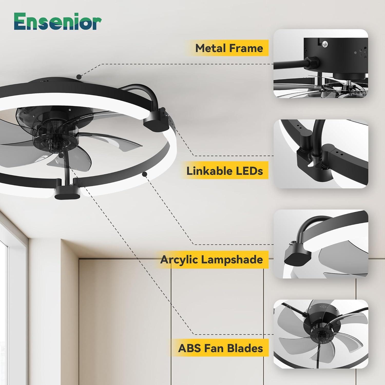 Ensenior 20'' Low Profile Ceiling Fans with Lights and Remote, Fandelier Ceiling Fan Flush Mount, APP Control, 6 Speed & 3000K-6500K Stepless Dimmable Small Ceiling Fan with Light for Bedroom - Black