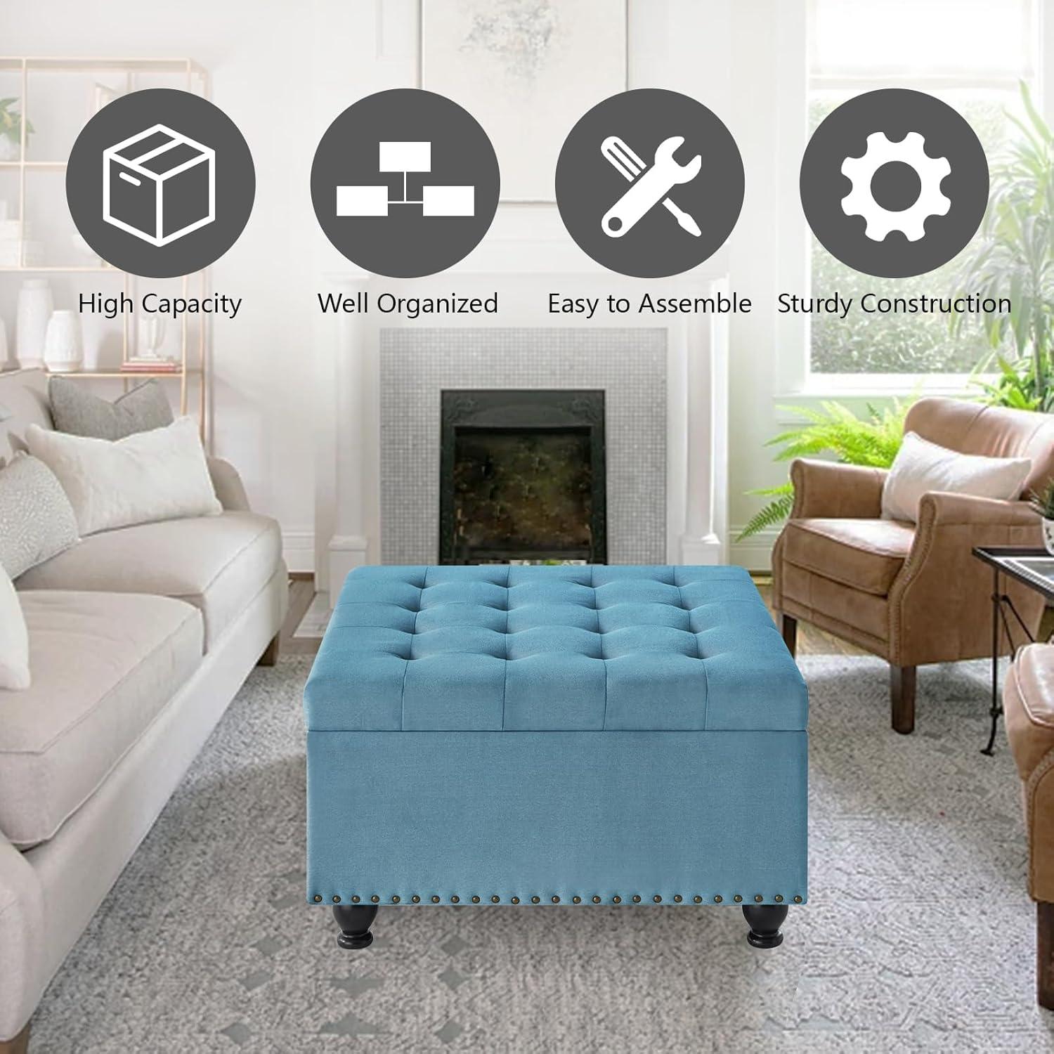 Light Blue Linen Upholstered Square Storage Ottoman with Nail Trim