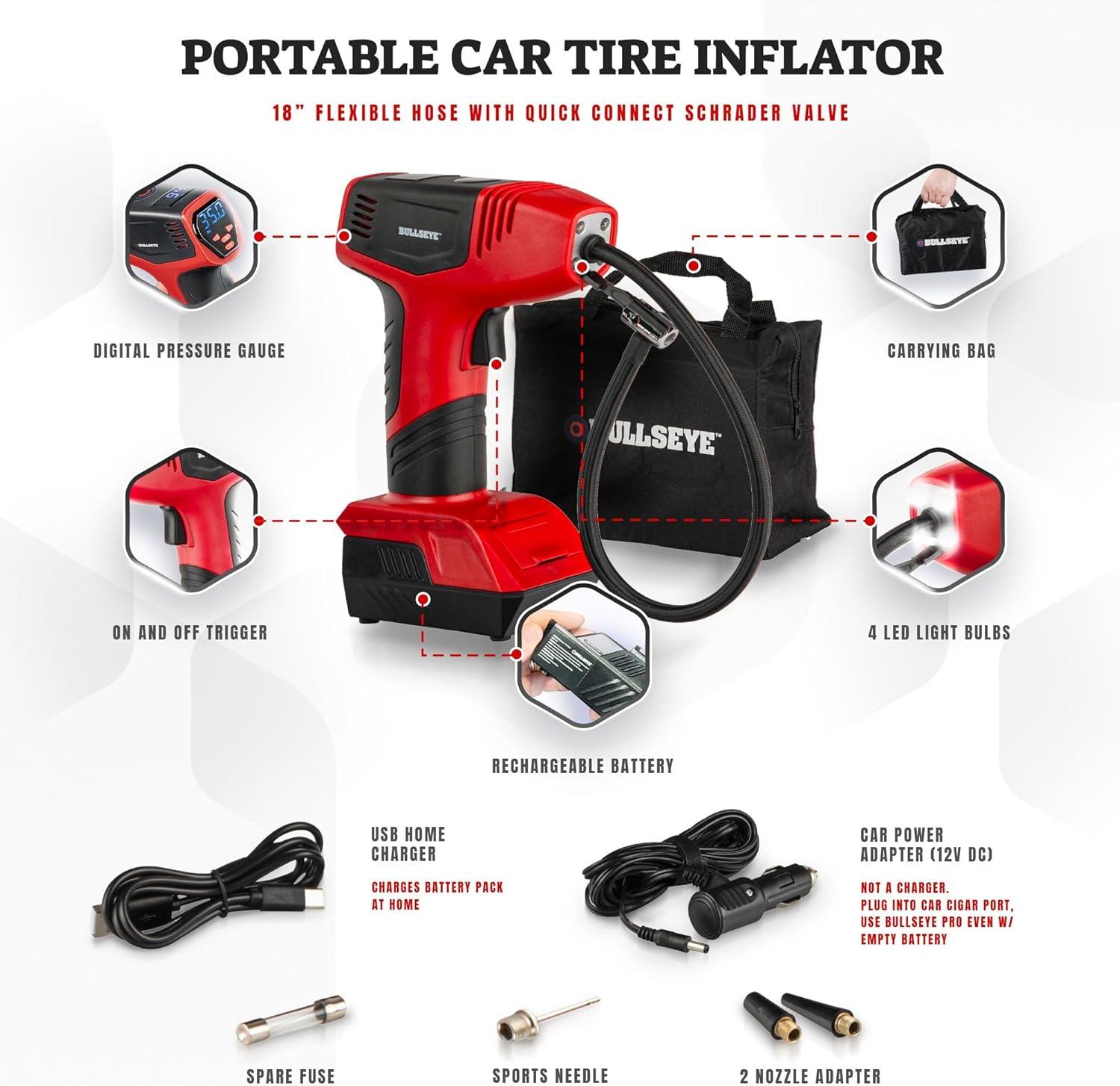 Bullseye Pro Portable Rechargeable Tire Inflator with Digital Pressure Gauge - Red