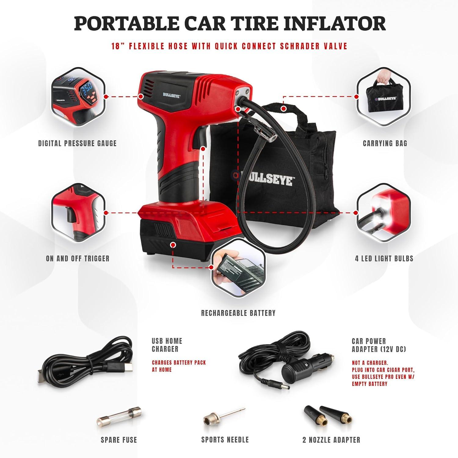 Bullseye Pro Portable Rechargeable Tire Inflator with Digital Pressure Gauge - Red