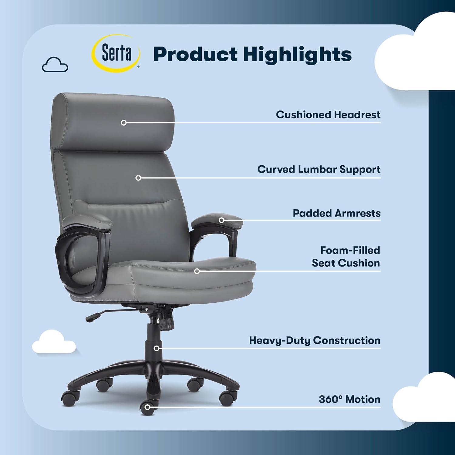 Serta Serta Comfort Executive Big & Tall Office Chair, Ergonomic High-Back, Semi Plush Seat, Padded Arms