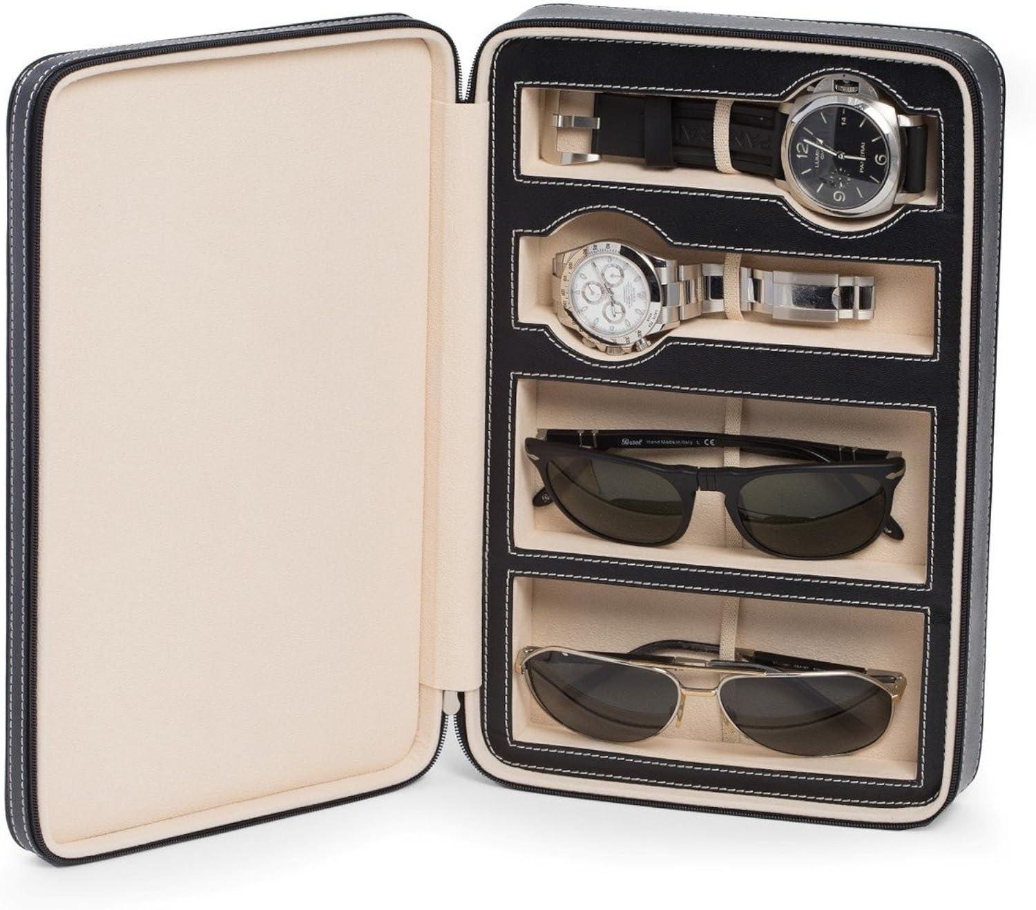 Black Leather Two Watch and Two Sunglass Travel Case with Form Fit Compartments with Zipper Closure.