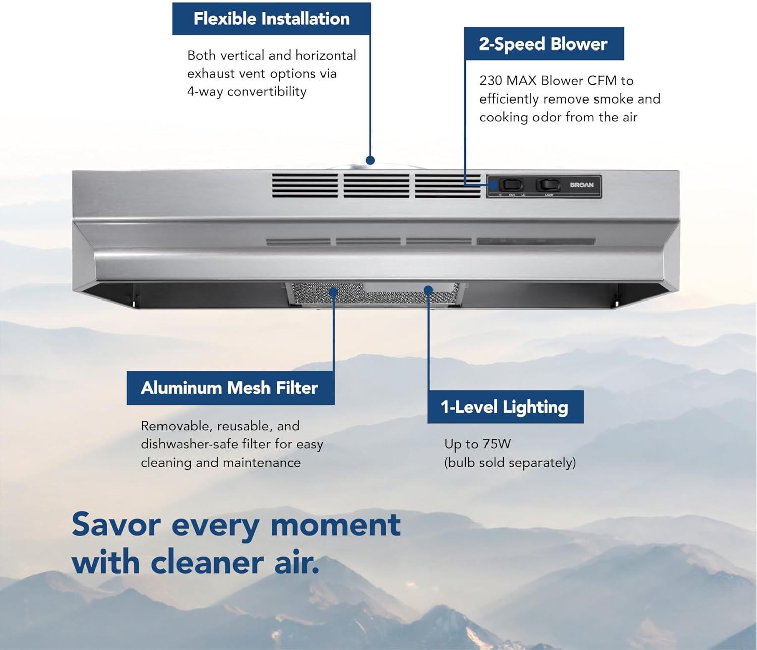 Broan 24" Convertible Range Hood, 230 CFM, Max Blower