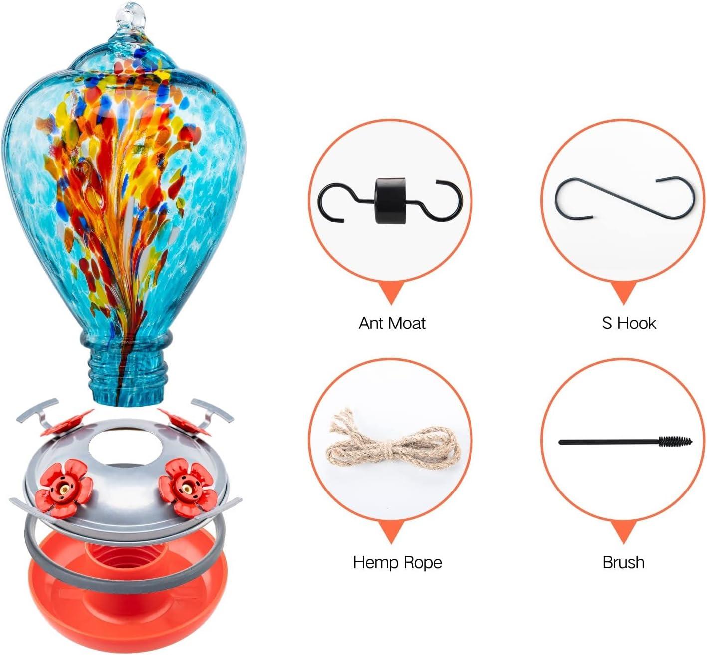 Hand Blown Multicolor Glass Hanging Hummingbird Feeder