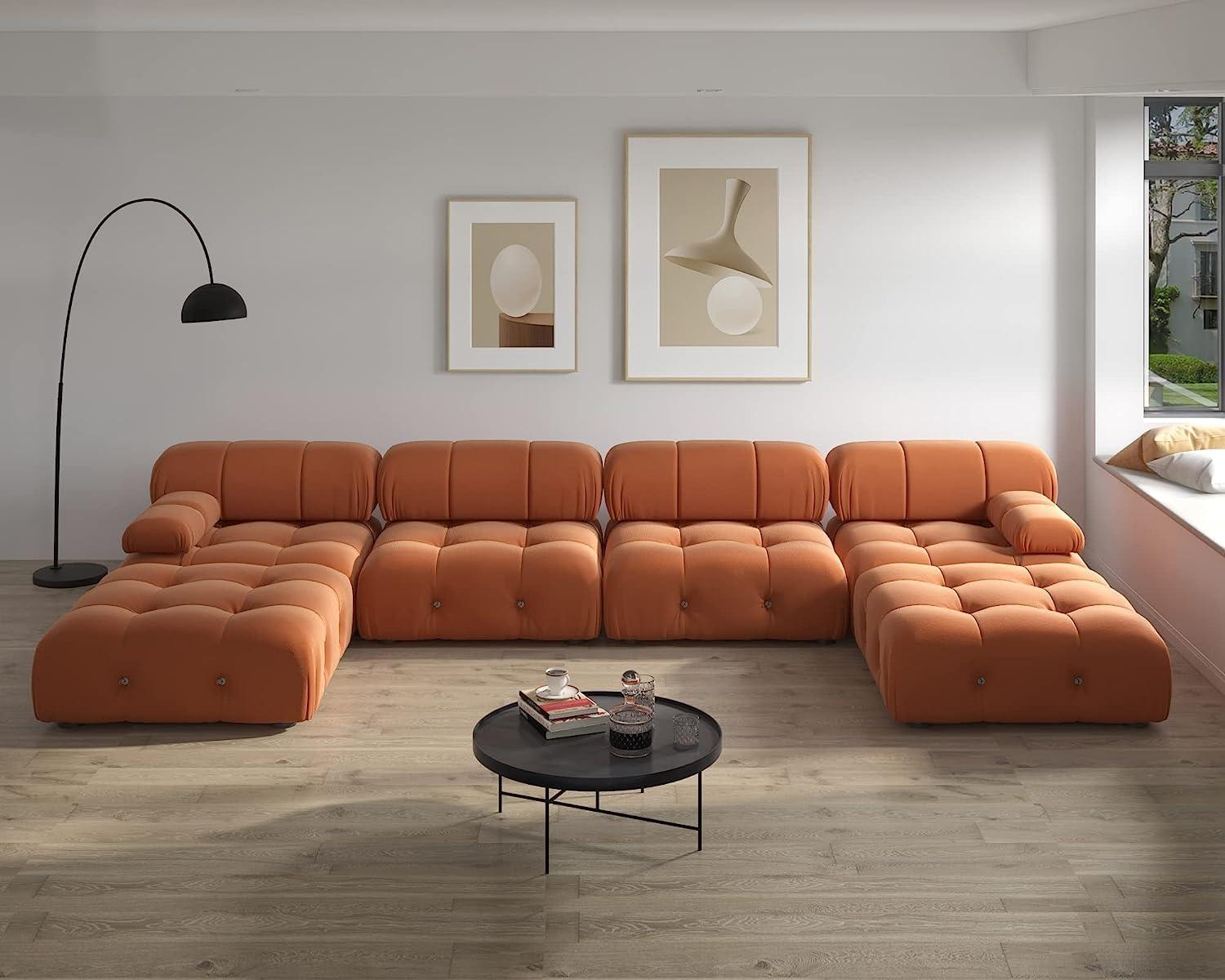 138'' Orange Velvet U-Shaped Sectional Sofa with Ottoman