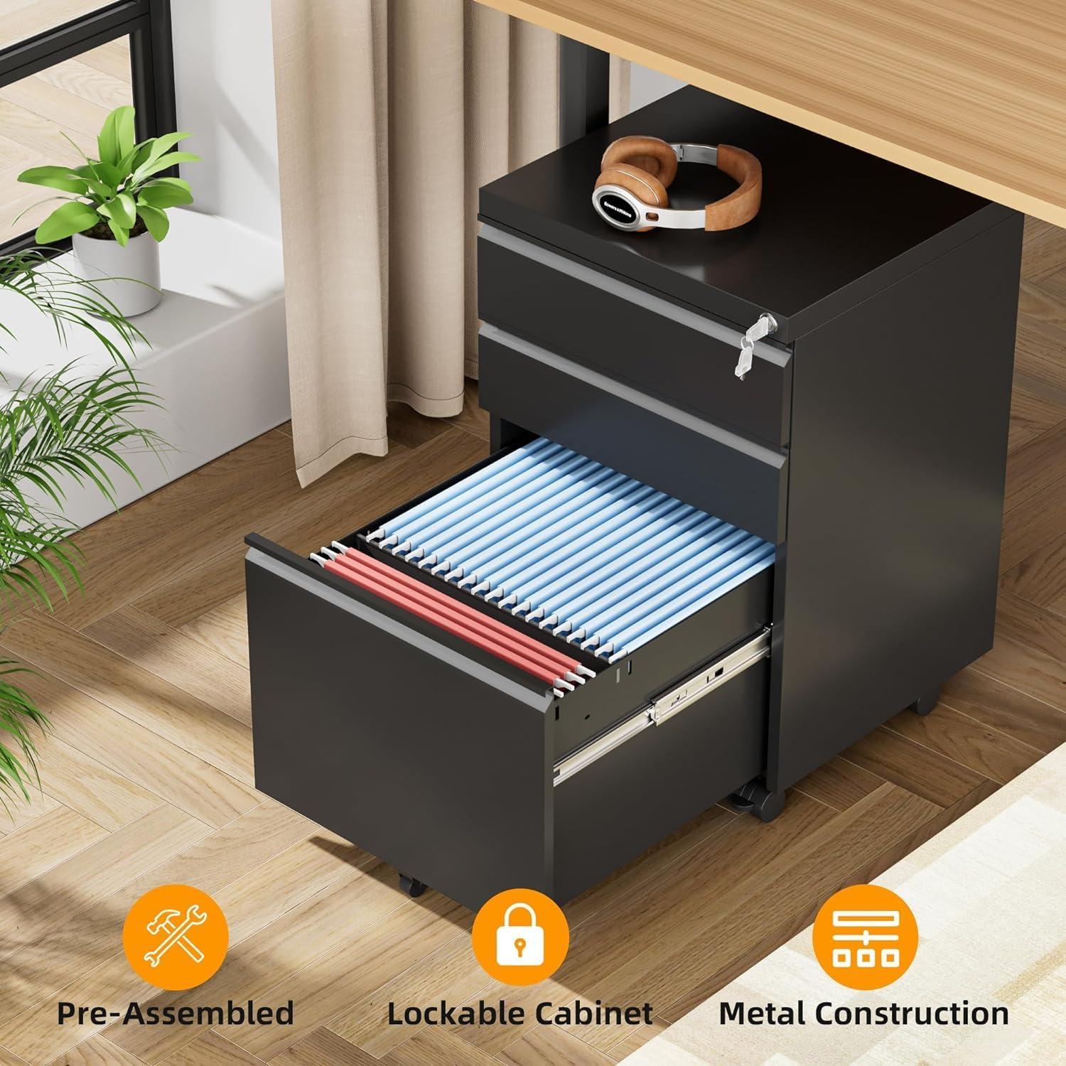 MIIIKO File Cabinet 3 Drawers on Wheels Under Desk, Black Metal Rolling File Cabinets with Lock for Home Office, Un-Assembled Filing Cabinet with Lock