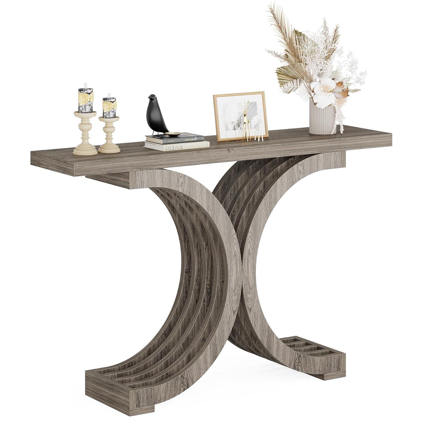 Tribesigns Modern 39-inch Console Tables, Farmhouse Entryway Table with Geometric Base, Wooden Narrow Hallway Table/Sofa Table for Living Room, Grey
