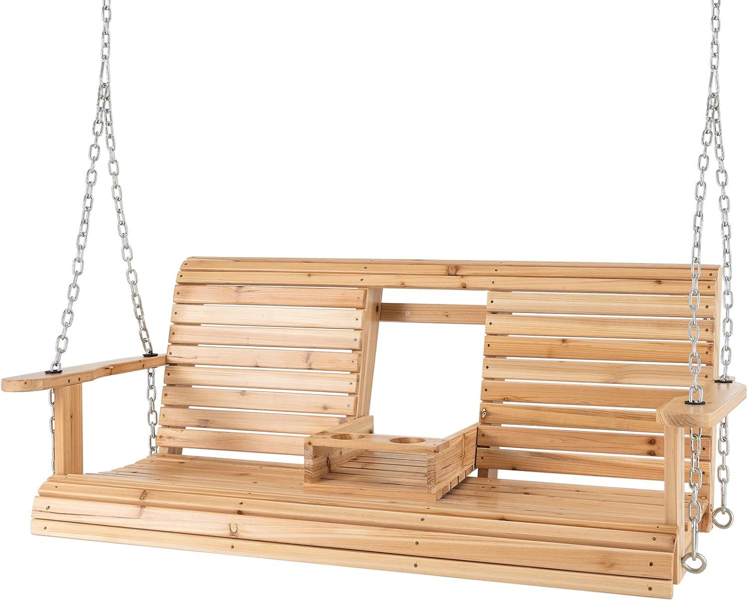 Natural Fir Wood 2-Person Porch Swing with Cup Holders