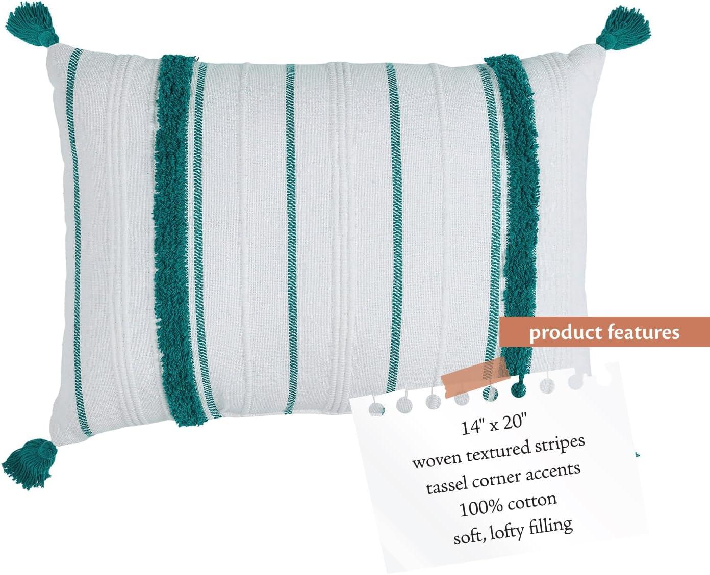 VCNY 14"x20" Oversize Boho Striped Tassel Cotton Lumbar Throw Pillow Teal: Sheltered Outdoor Use, Hidden Zipper