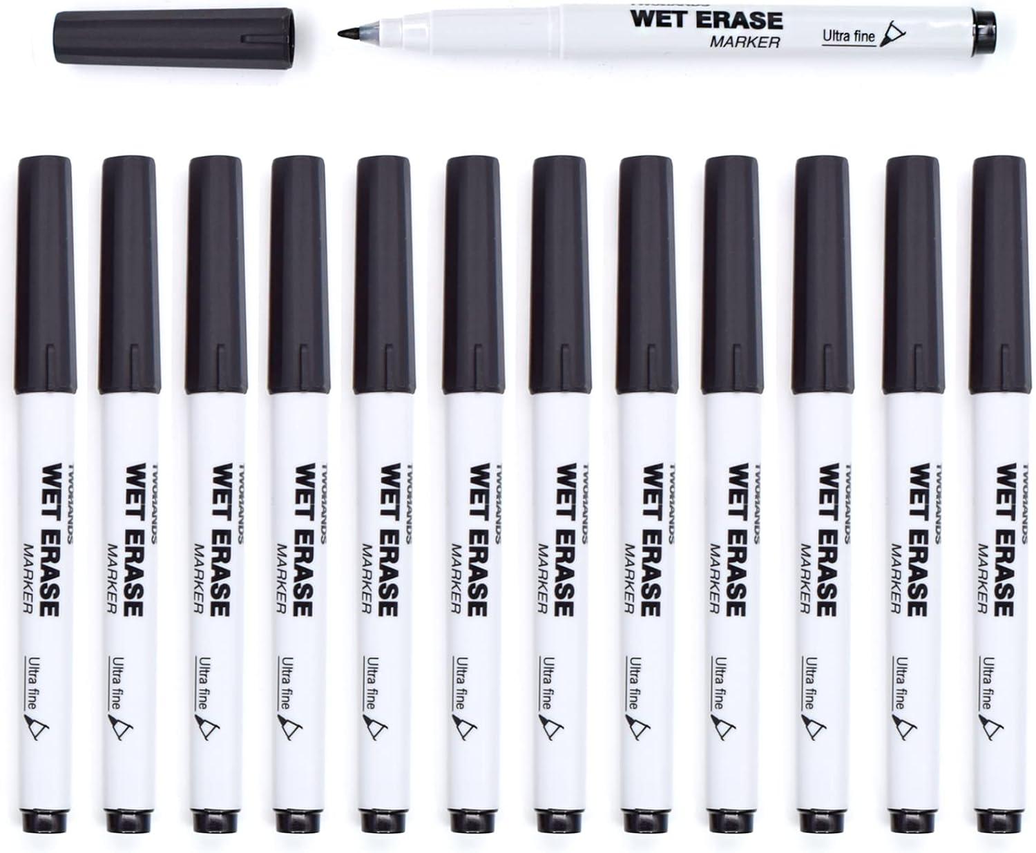 TWOHANDS Wet Erase Markers Ultra Fine Tip,0.7mm,Low Odor,Extra Fine Point,Black,Whiteboard Markers for Office,Home,or Planning Dry Erase Board,20710