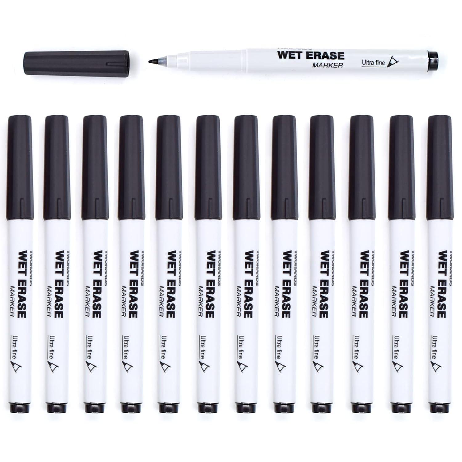 TWOHANDS Wet Erase Markers Ultra Fine Tip,0.7mm,Low Odor,Extra Fine Point,Black,Whiteboard Markers for Office,Home,or Planning Dry Erase Board,20710