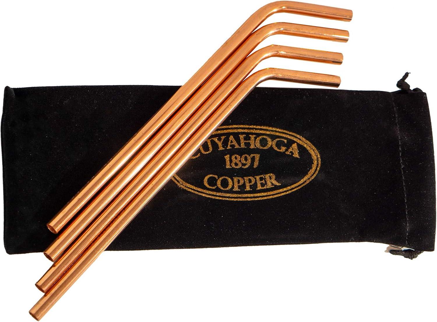 Set of 4 Bent Pure Copper Drinking Straws with Velvet Bag