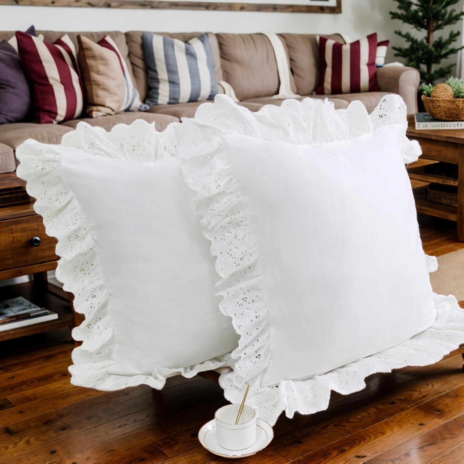 Lemfux Cotton Euro Shams with White Lace Ruffles, 26 x26 Inch, Set of 2,Rustic Farmhouse Lace Shabby Soft Breathable Bridal Pure White European, White Decorative Pillow Covers
