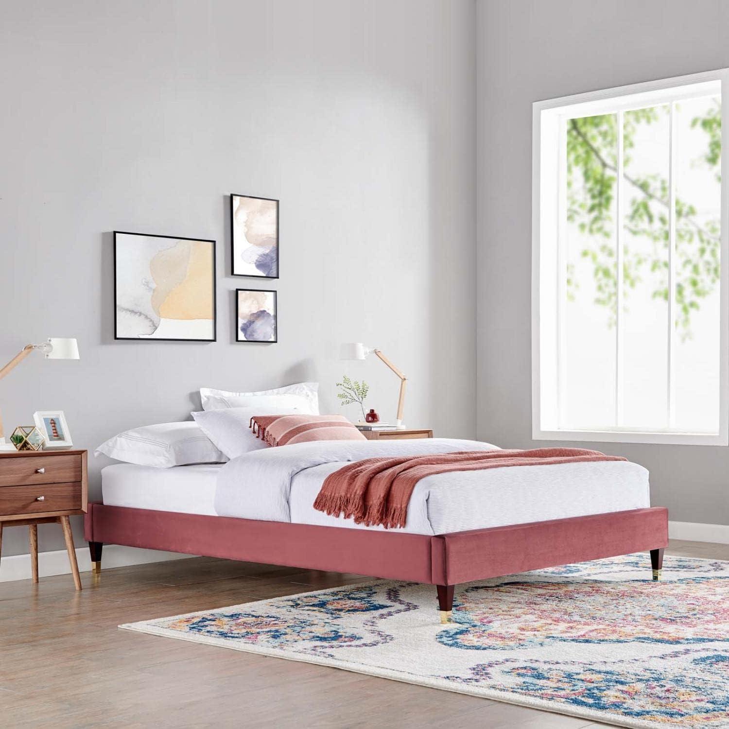 Dusty Rose Velvet Full Platform Bed Frame with Gold Accents