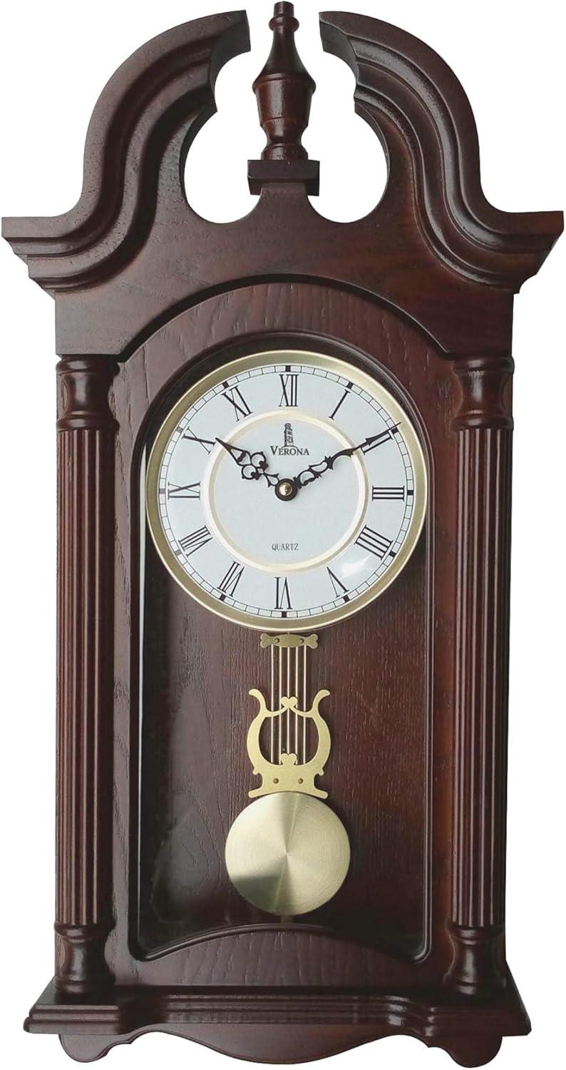 Pendulum Wall Clock, Silent Decorative Wood Pendulum Clock with Swinging Pendulum, Battery Operated, Dark Wooden Design, for Living Room, Dining Room, Kitchen, Office & Home Décor, 23.5x9.25 Inch