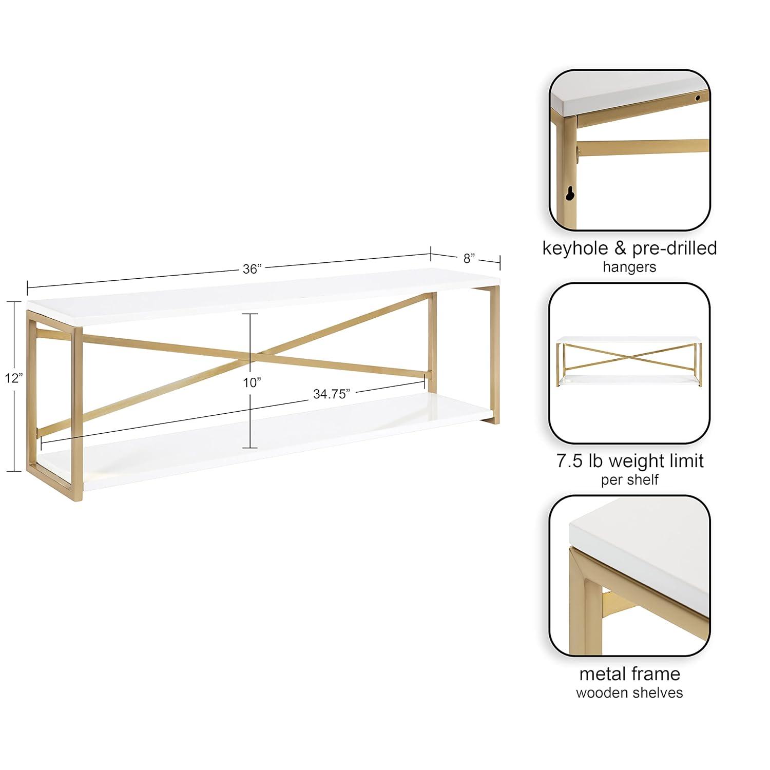 Kate & Laurel All Things Decor 36"x12"x8" Ascott 2-Tier Wall Shelf White - Modern Glam Decor, Keyhole Hangers