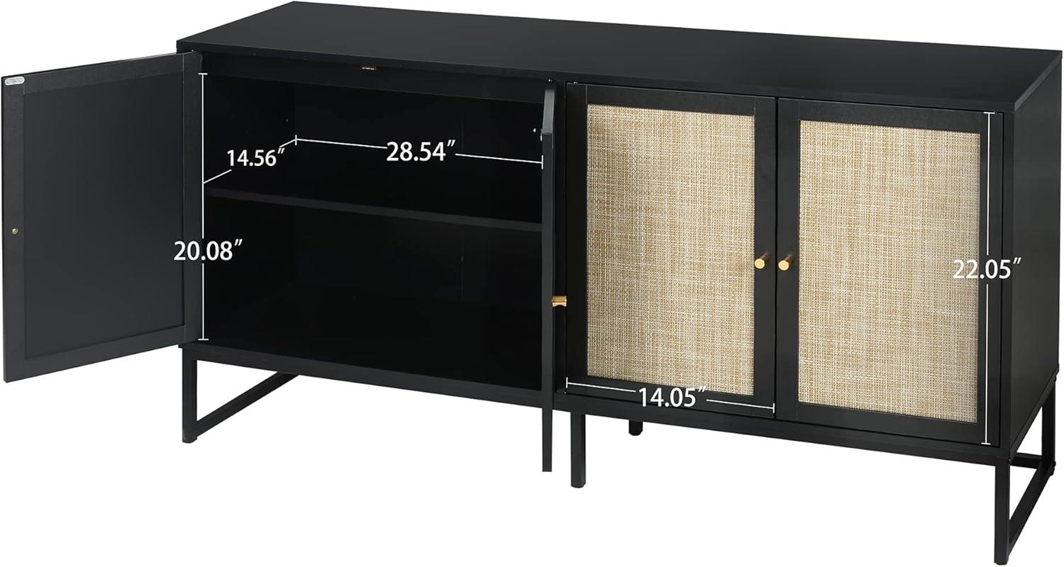 PORKISS Rattan Buffet Sideboard, Credenza Storage Cabinet with 4 Doors and Adjustable Shelve, Accent Cabinet for Dining Room, Kitchen, Living Room, Black