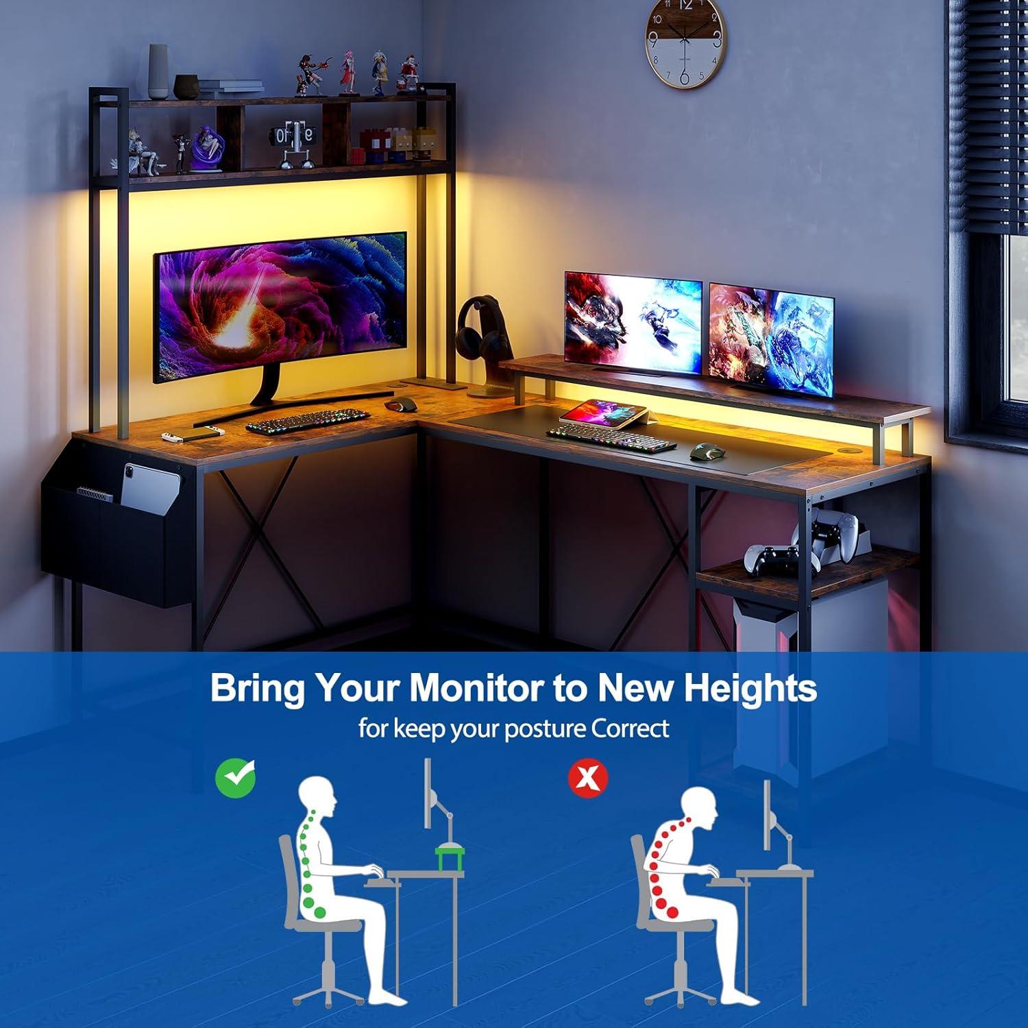 Garvee Spacious L-Shaped Gaming Desk with Customizable RGB Lights & Charging Options – Ideal for Comfort & Efficiency, Brown