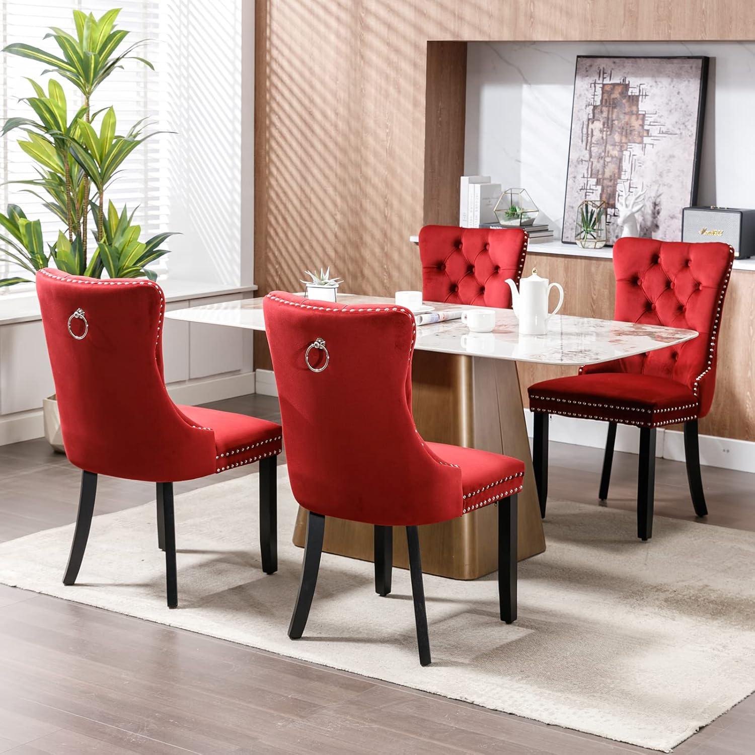 Set of 2 Velvet Dining Chairs,Upholstered Wing-Back Dining Chairs with Button Tufted Backrest and Nailhead Trim,Accent Armless Chairs with Solid Wood Legs for Kitchen Living Room Office,Burgundy