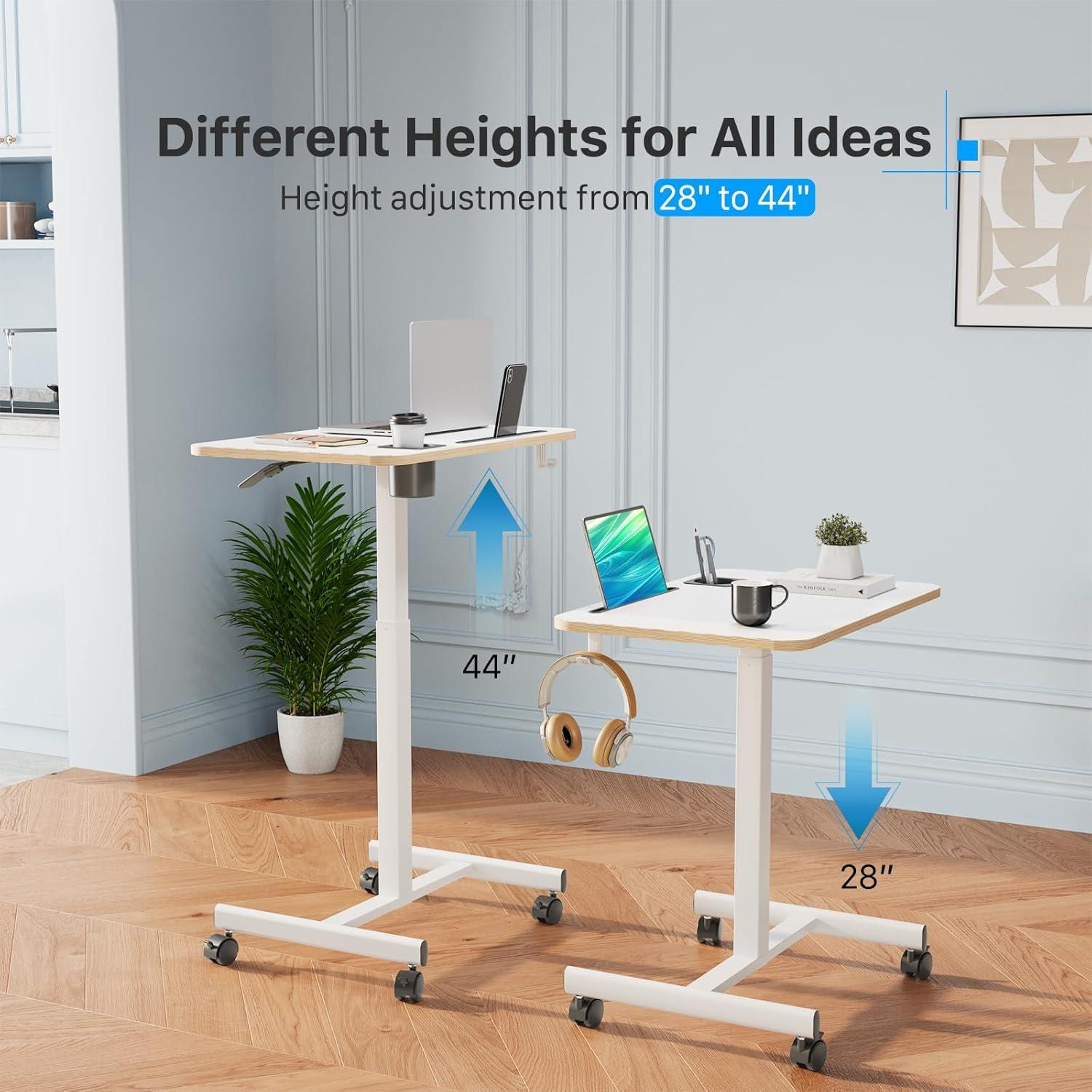 Mobile Standing Desk, Rolling Laptop Cart Adjustable Height with Cup Holder, 28 inch Portable Table with 4 Lockable Wheels, White Computer Workstation with Hook and Slots for Home Office