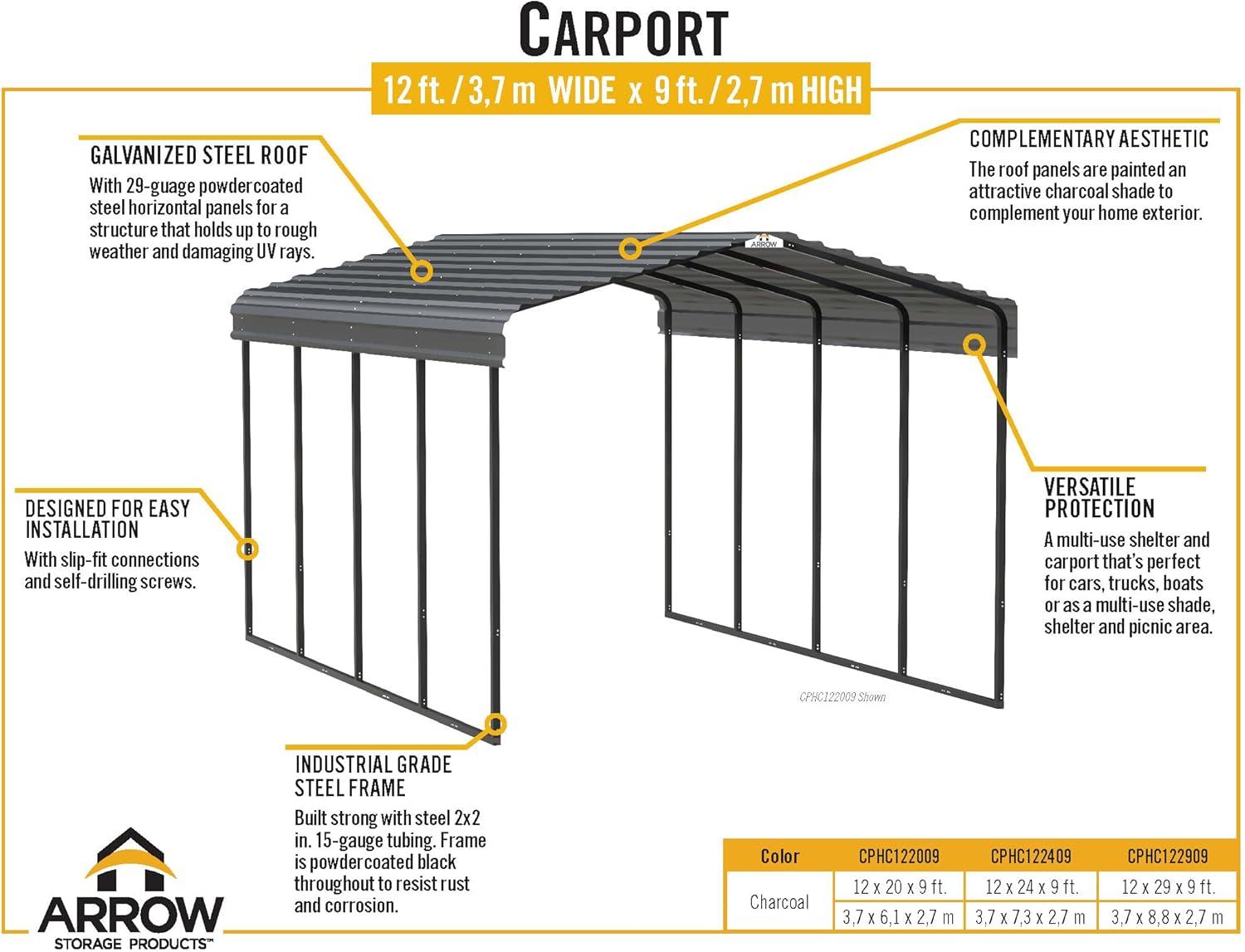 Arrow Carports Galvanized Steel Carport, Full-Size Metal Carport Kit, 12' x 29' x 9', Charcoal