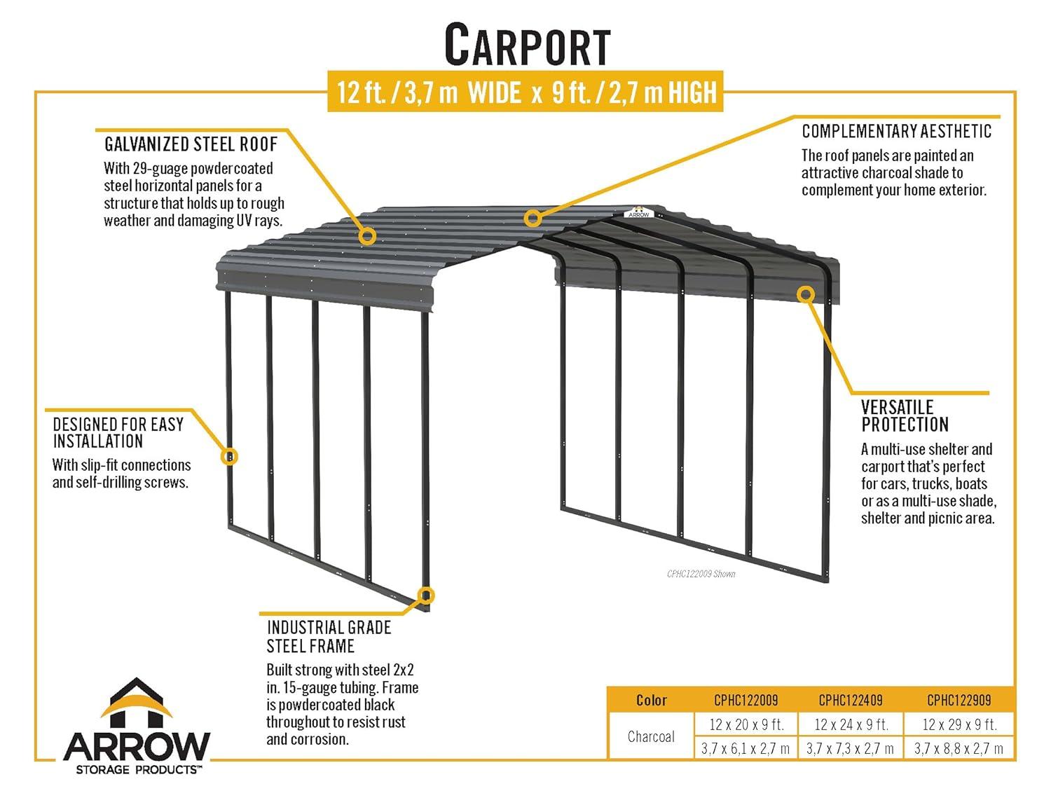 Arrow Arrow Galvanized Steel Carport, 12x24x9