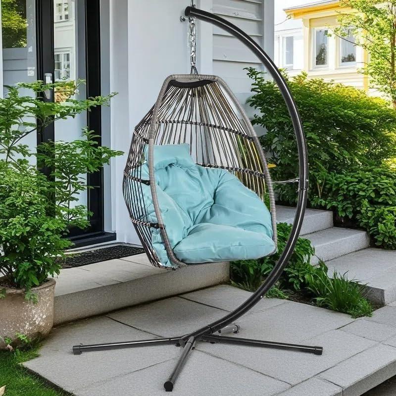 Barton Egg Swing Chair With Stand, Hanging Egg Chair Outdoor, Rattan Wicker Patio Hanging Basket Hammock Chair With Aluminum Steel Frame & UV Resistant Cushion For Indoor Bedroom Balcony, Aqua
