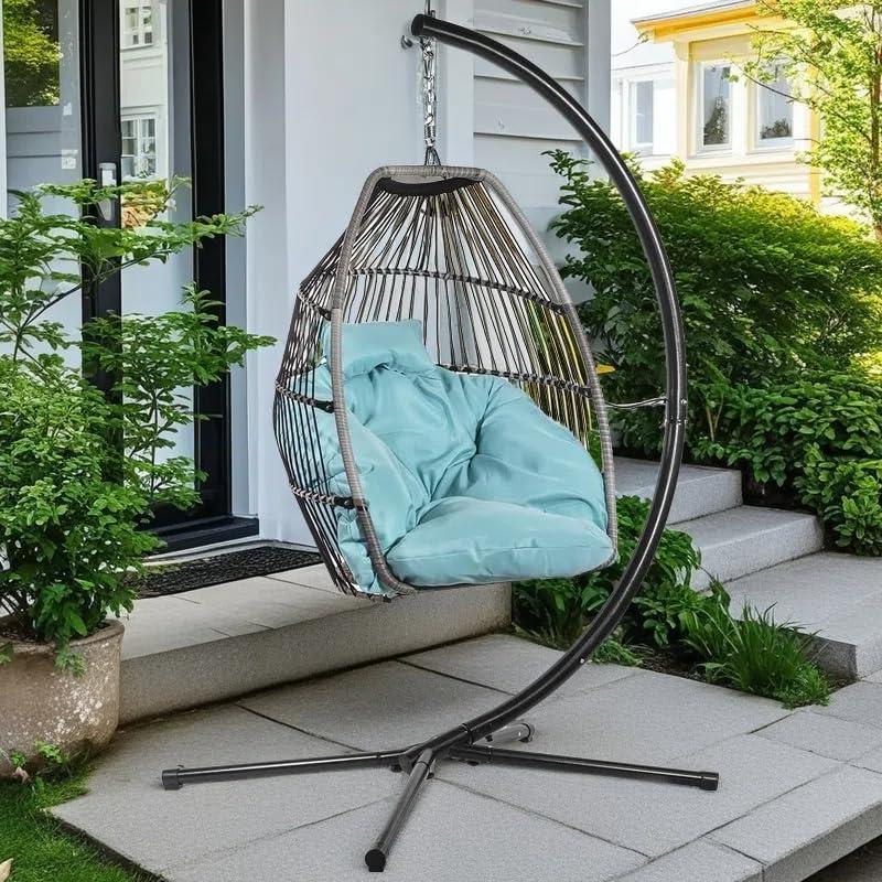Barton Egg Swing Chair With Stand, Hanging Egg Chair Outdoor, Rattan Wicker Patio Hanging Basket Hammock Chair With Aluminum Steel Frame & UV Resistant Cushion For Indoor Bedroom Balcony, Aqua