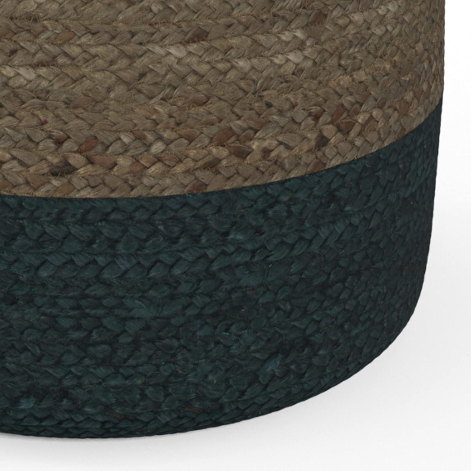 Lydia Contemporary Round Pouf in Teal Blue Natural Braided Jute