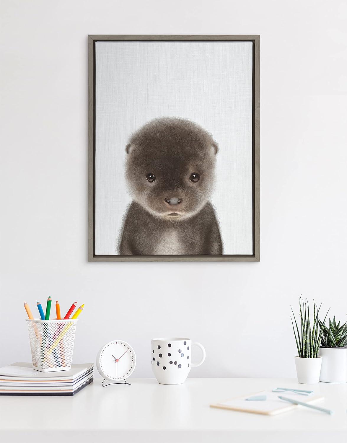 Kate and Laurel Sylvie Baby Otter Color Illustration Framed Canvas by Simon Te of Tai Prints, 18x24, Gray