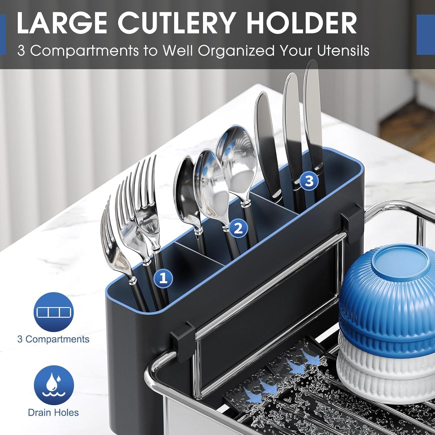 Large Black Stainless Steel Dish Drying Rack with Utensil Cup