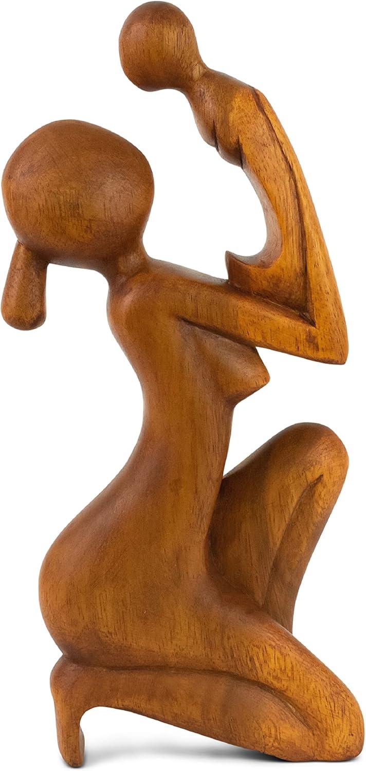 12" Handcrafted Suar Wood Mother and Child Sculpture