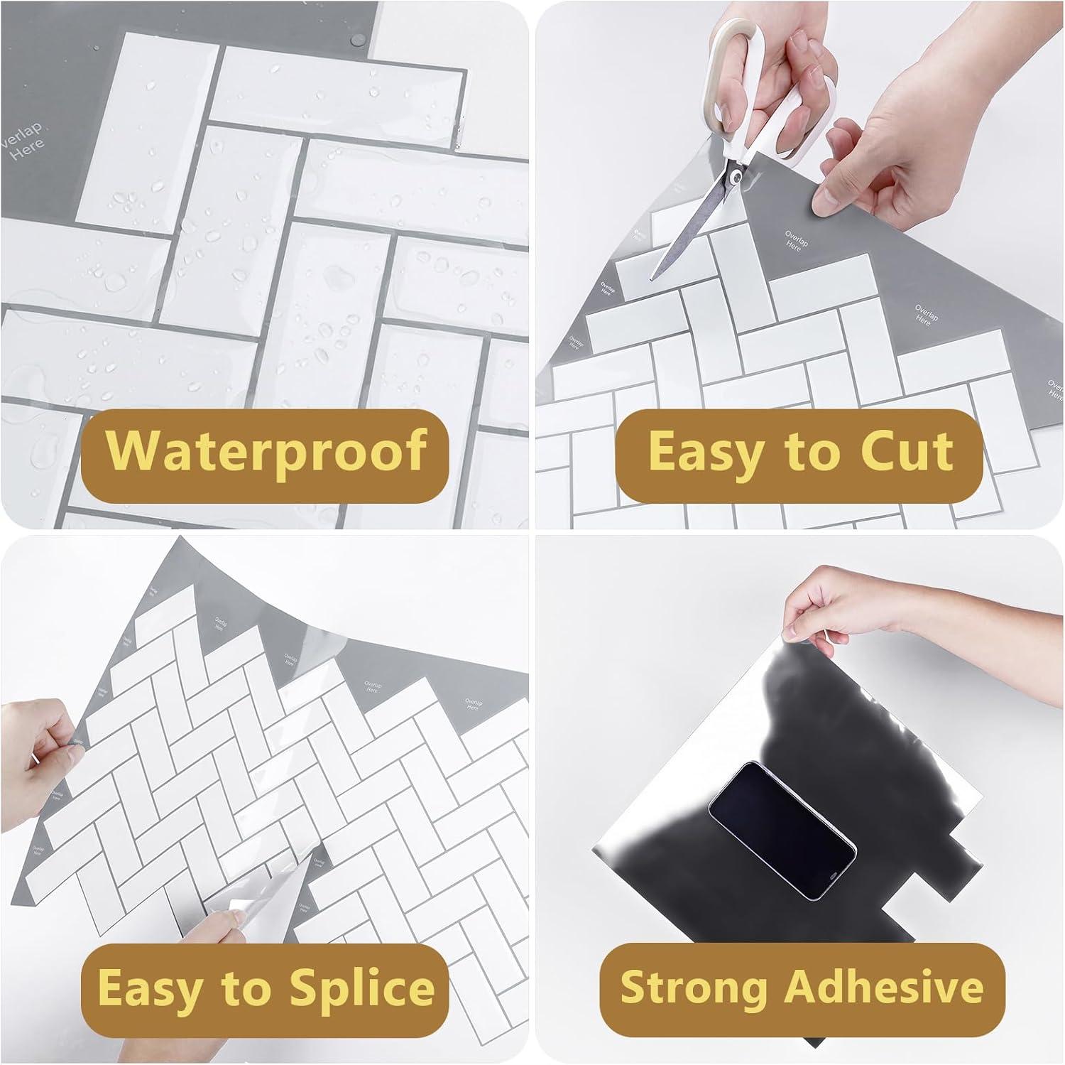 Clever Mosaics Thicker Upgrade White Vinyl Peel and Stick Herringbone Tile Backsplash 12" x 12" (set of 10)